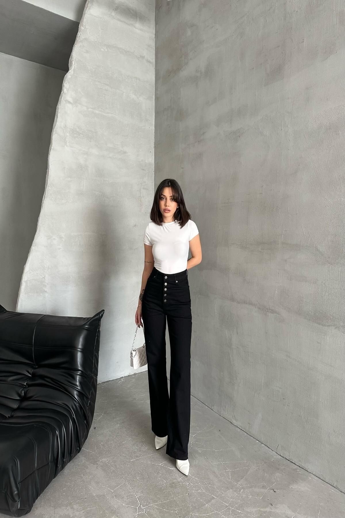 Kadın Jeans Çift Pantolon Bol Paça Palazzo Siyah Kot Pantolon
