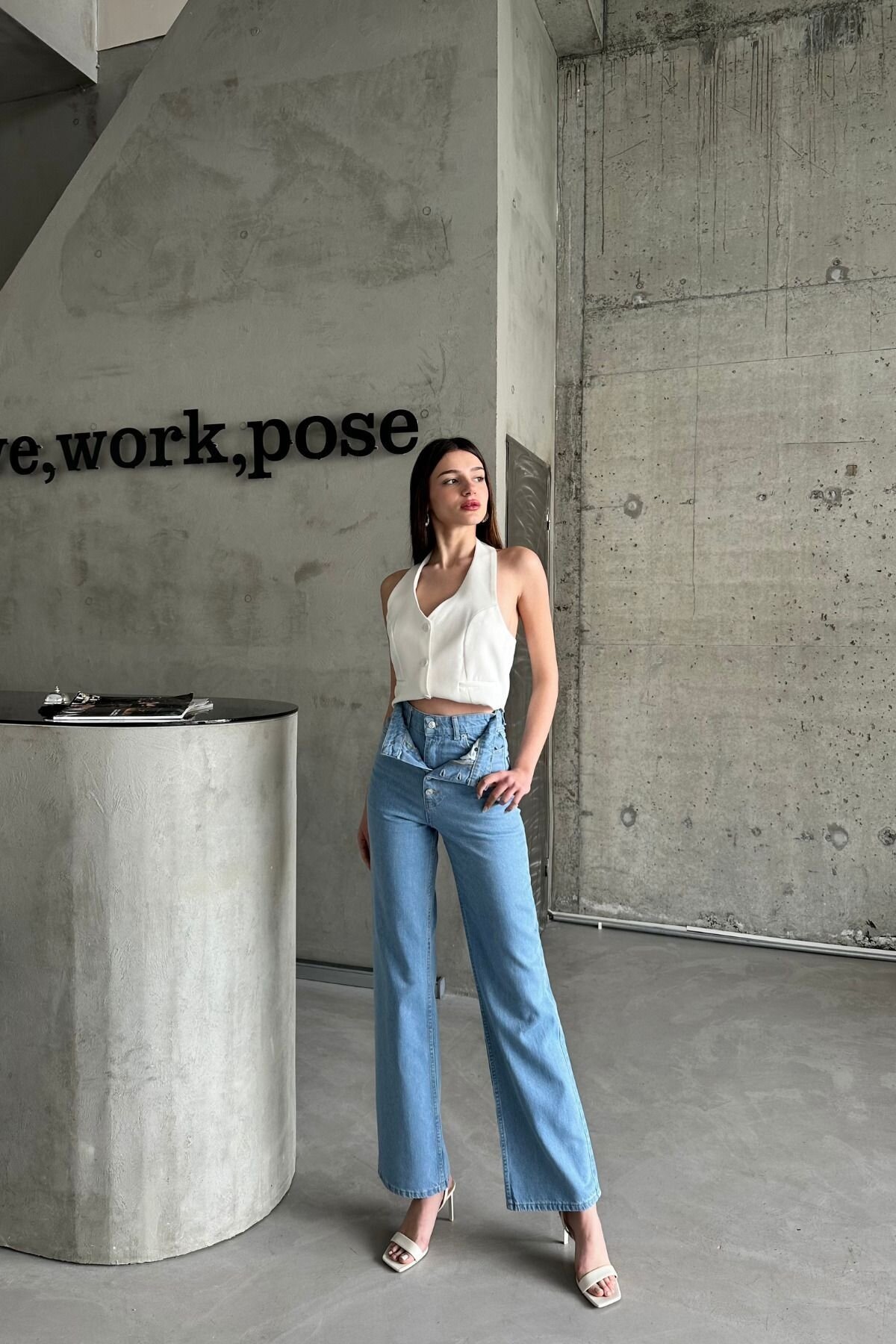 Kadın Jeans Çift Pantolon Yüksek Bel Bol Paça Palazzo Buz Mavi Kot Pantolon