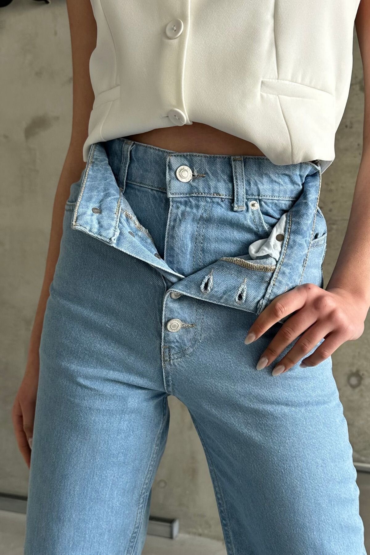 Kadın Jeans Çift Pantolon Yüksek Bel Bol Paça Palazzo Buz Mavi Kot Pantolon