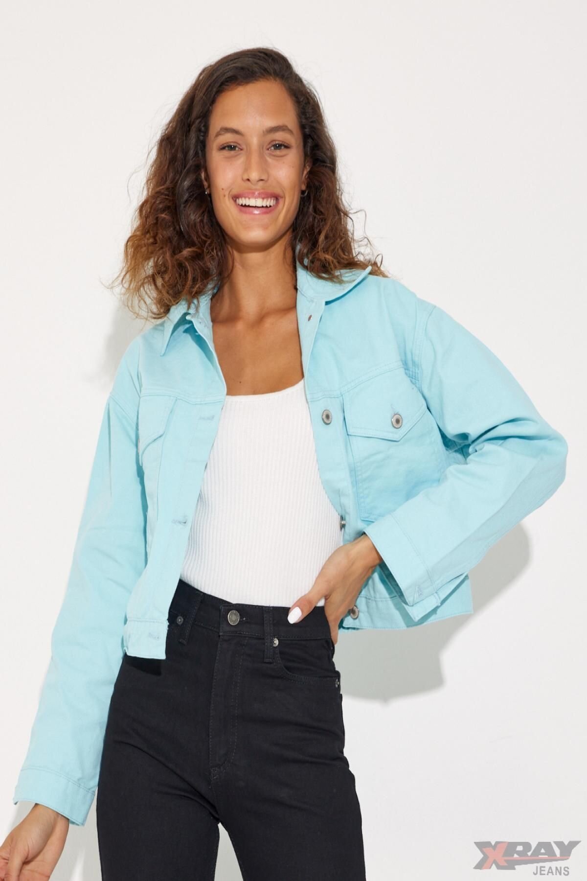 Kadın Jeans Düğmeli Kısa Polo Yaka Cepli Kot Ceket Mavi
