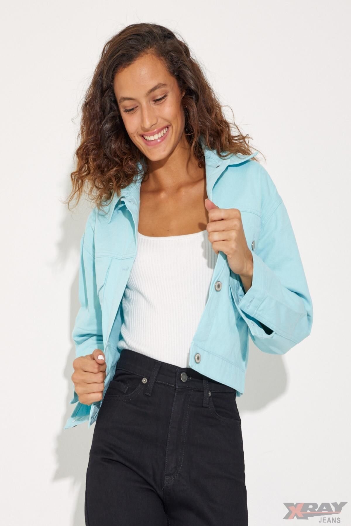 Kadın Jeans Düğmeli Kısa Polo Yaka Cepli Kot Ceket Mavi