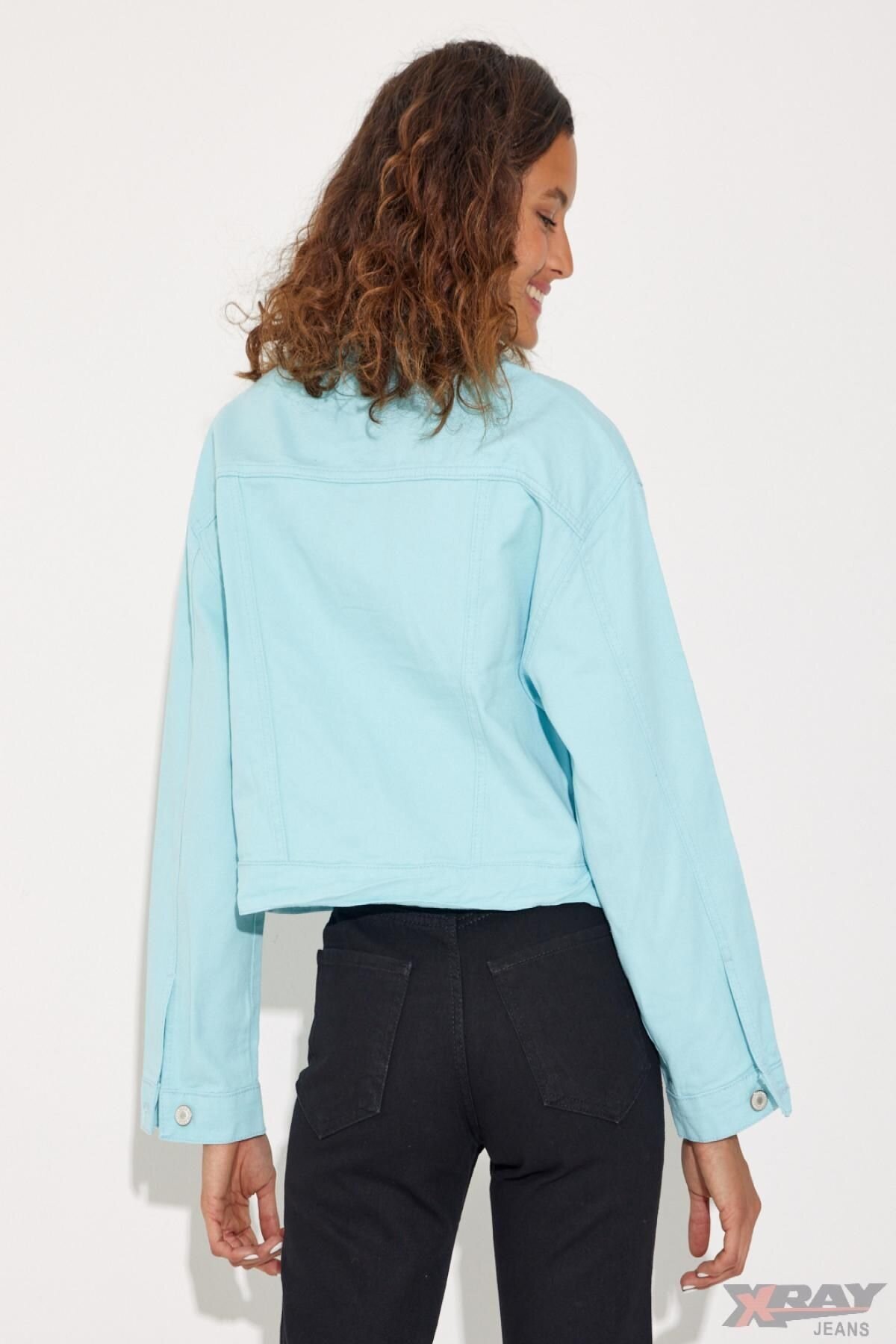Kadın Jeans Düğmeli Kısa Polo Yaka Cepli Kot Ceket Mavi