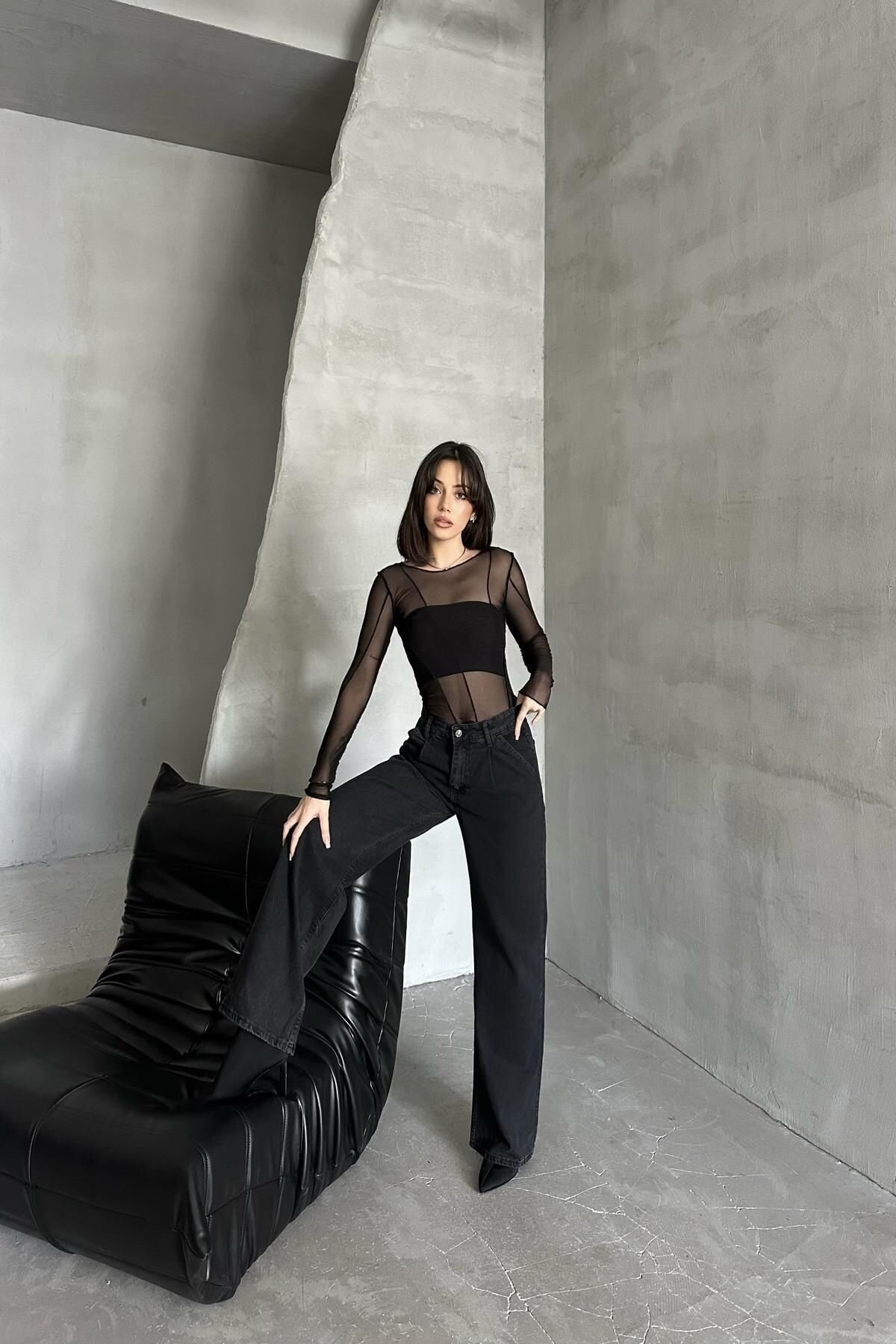Kadın Jeans Geniş Bol Paça Baggy Fit Antrasit Kot Pantolon