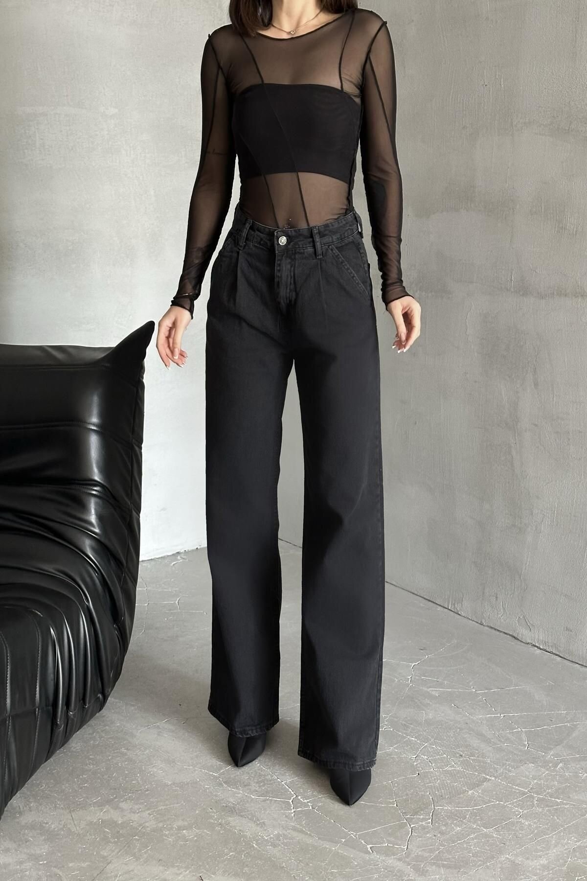 Kadın Jeans Geniş Bol Paça Baggy Fit Antrasit Kot Pantolon