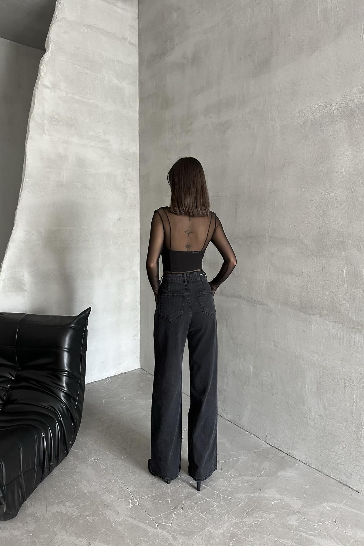 Kadın Jeans Geniş Bol Paça Baggy Fit Antrasit Kot Pantolon
