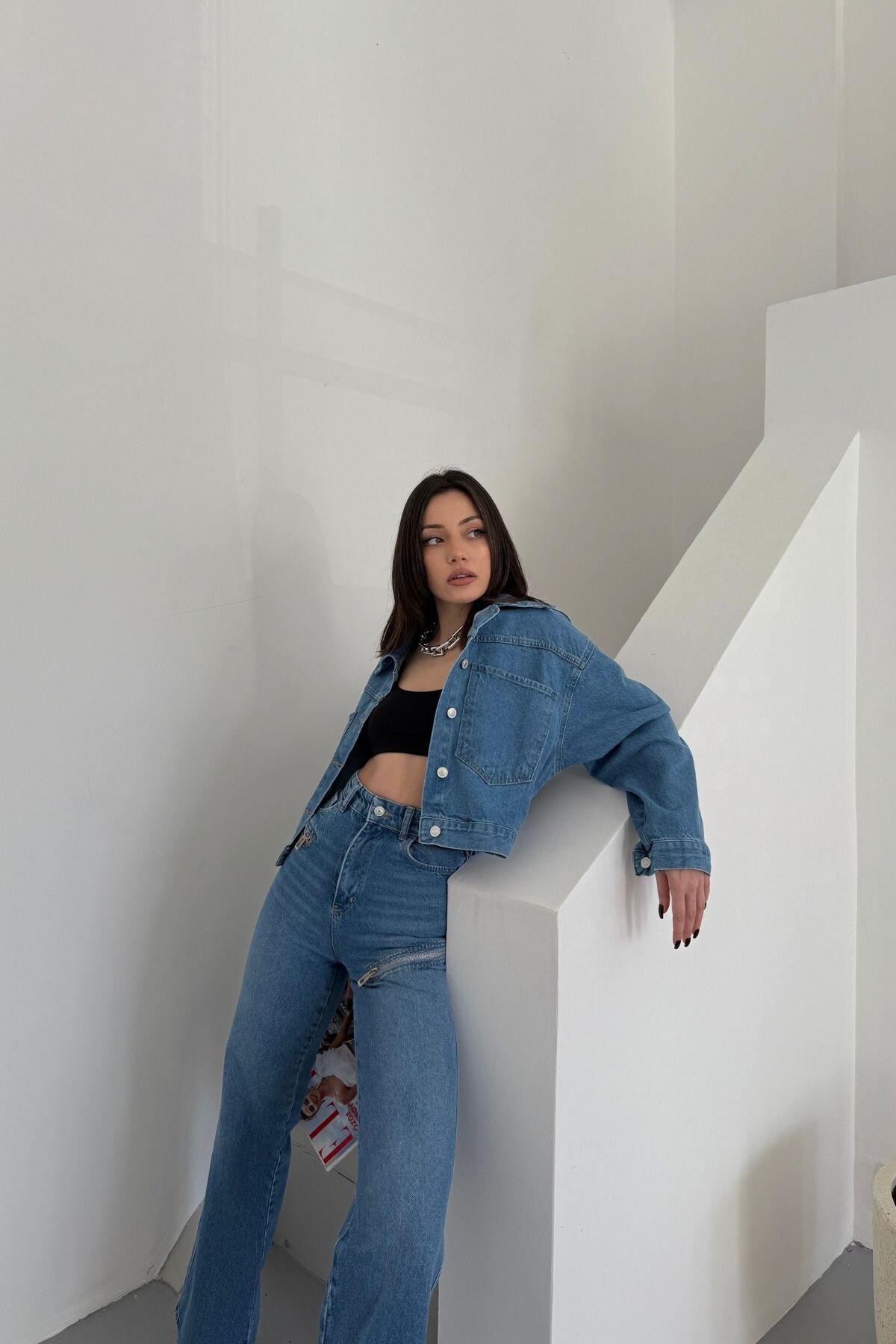 Kadın Jeans Oversize Cepli Kısa Mavi Kot Ceket