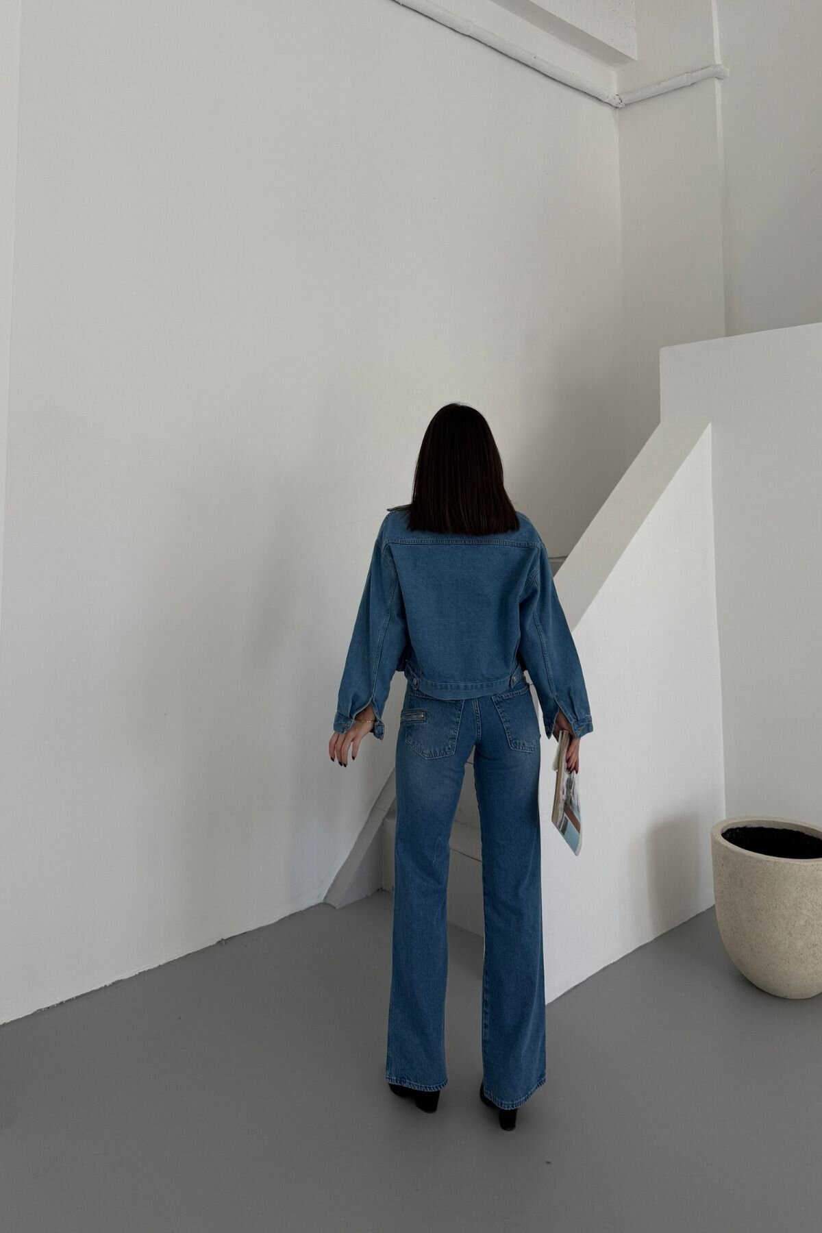 Kadın Jeans Oversize Cepli Kısa Mavi Kot Ceket