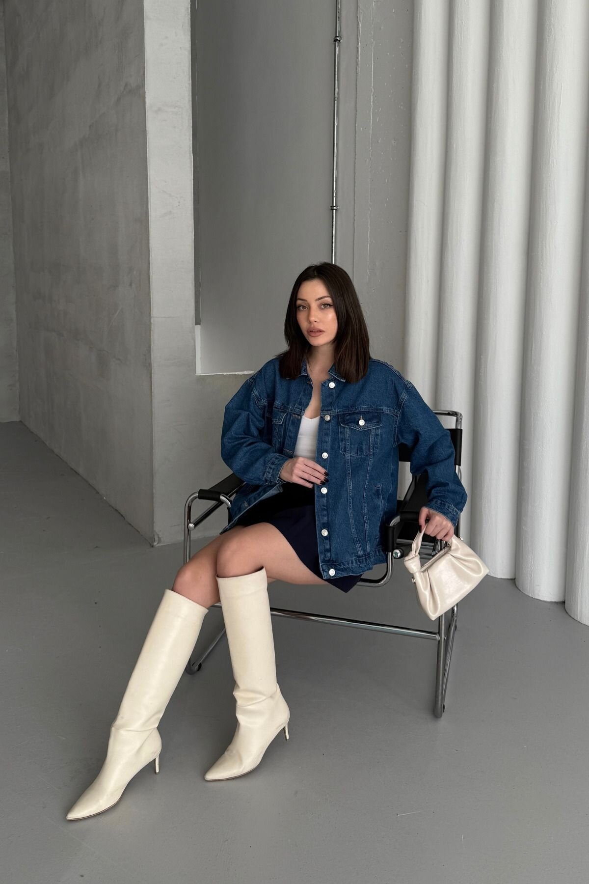 Kadın Jeans Uzun Düğmeli Oversize Mavi Kot Ceket