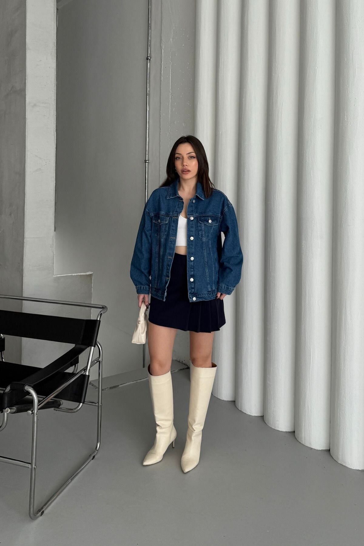 Kadın Jeans Uzun Düğmeli Oversize Mavi Kot Ceket