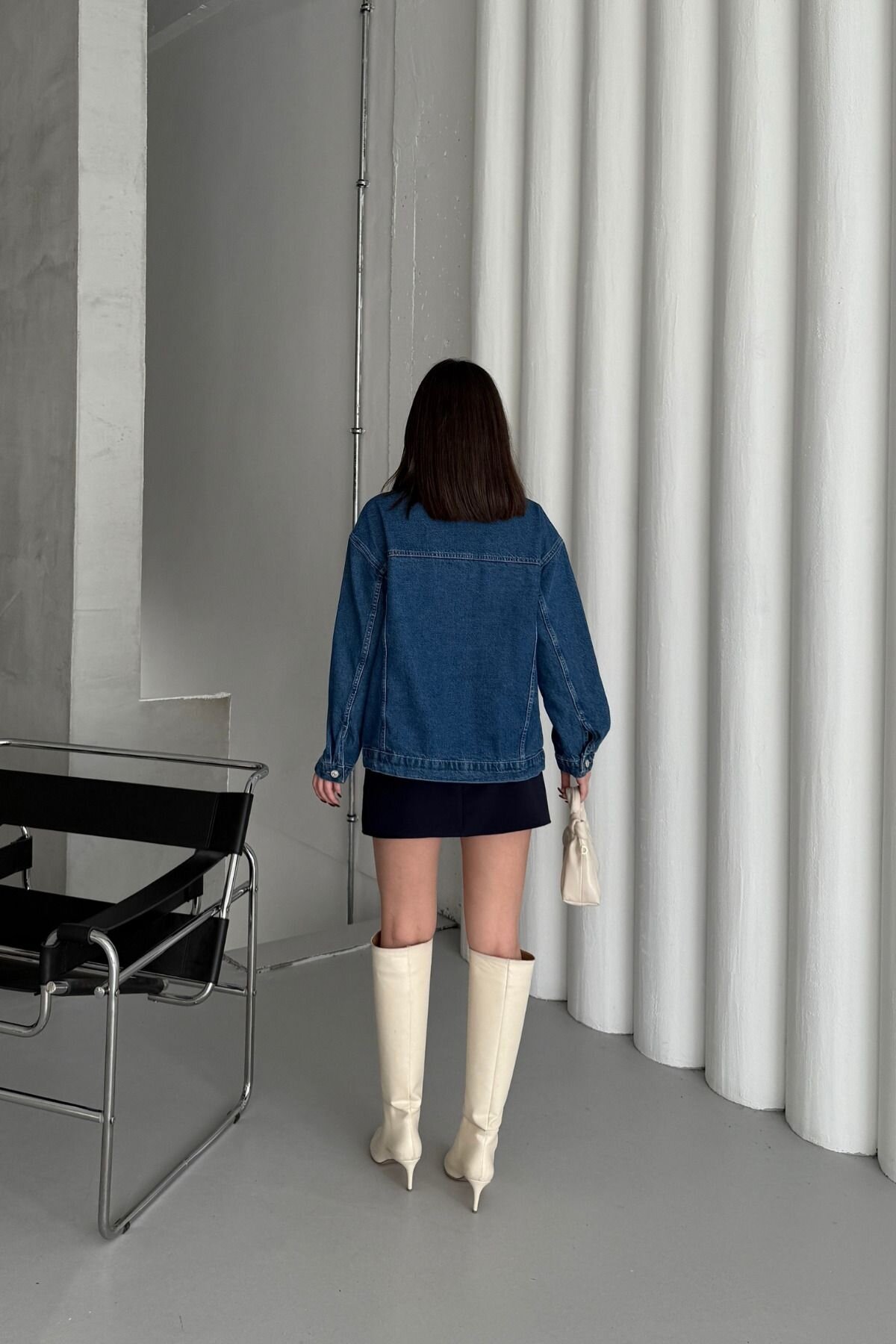Kadın Jeans Uzun Düğmeli Oversize Mavi Kot Ceket