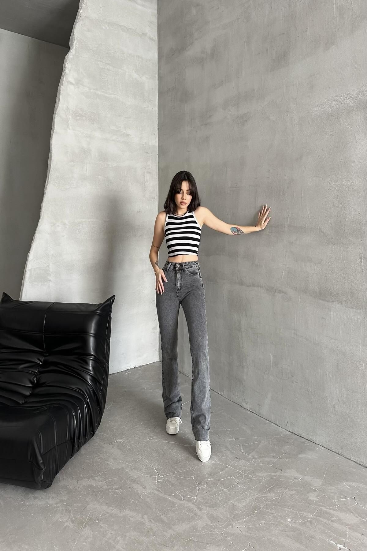 Kadın Jeans Yüksek Bel Esnek Bol İspanyol Paça Füme Kot Pantolon