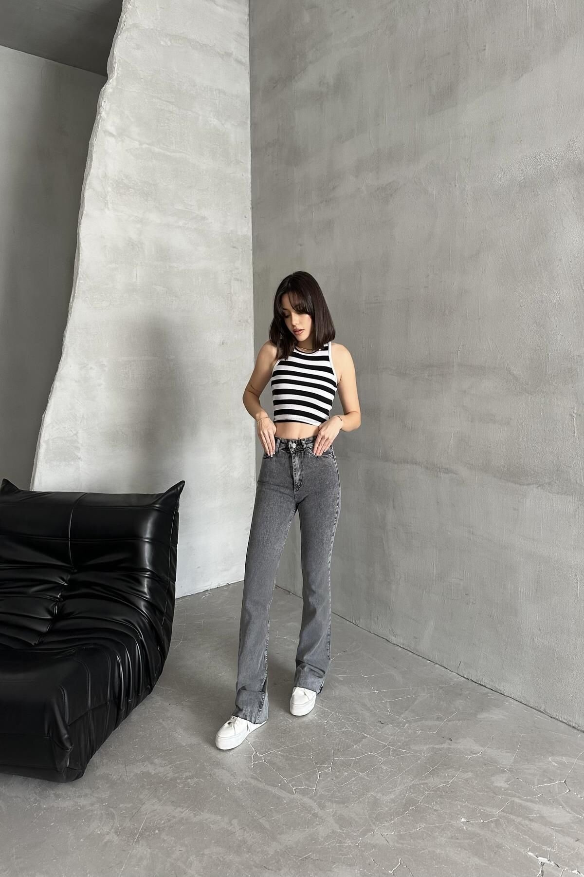 Kadın Jeans Yüksek Bel Esnek Bol İspanyol Paça Füme Kot Pantolon