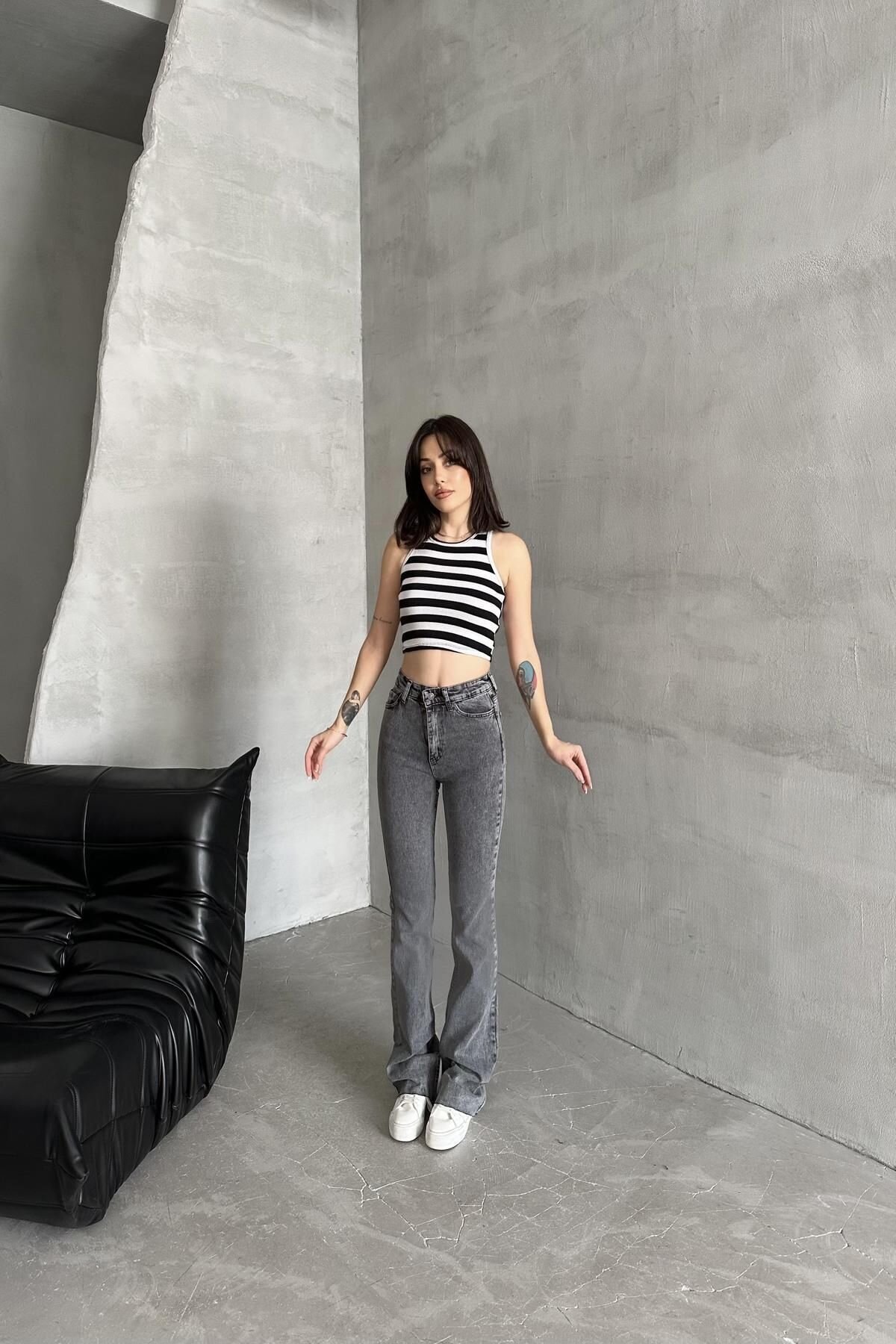 Kadın Jeans Yüksek Bel Esnek Bol İspanyol Paça Füme Kot Pantolon