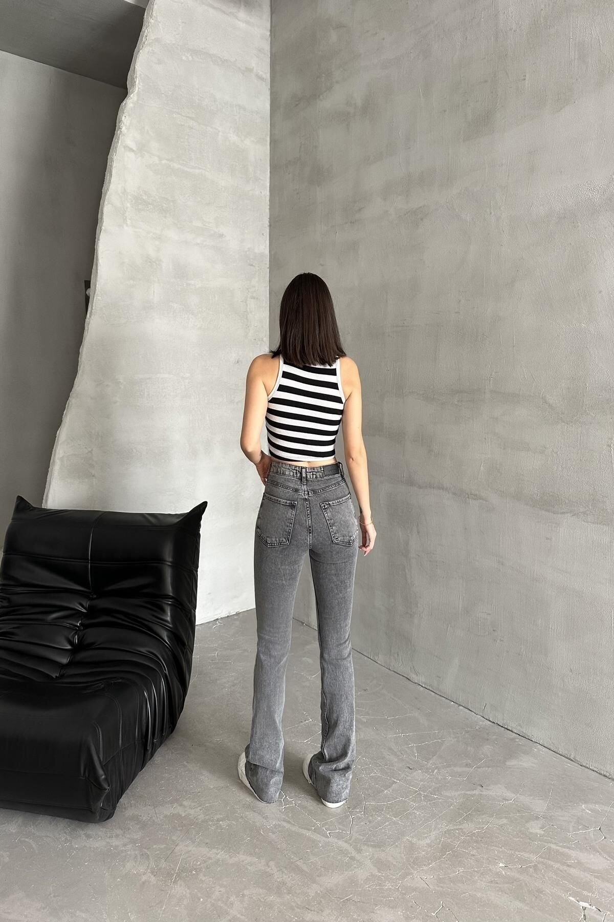 Kadın Jeans Yüksek Bel Esnek Bol İspanyol Paça Füme Kot Pantolon