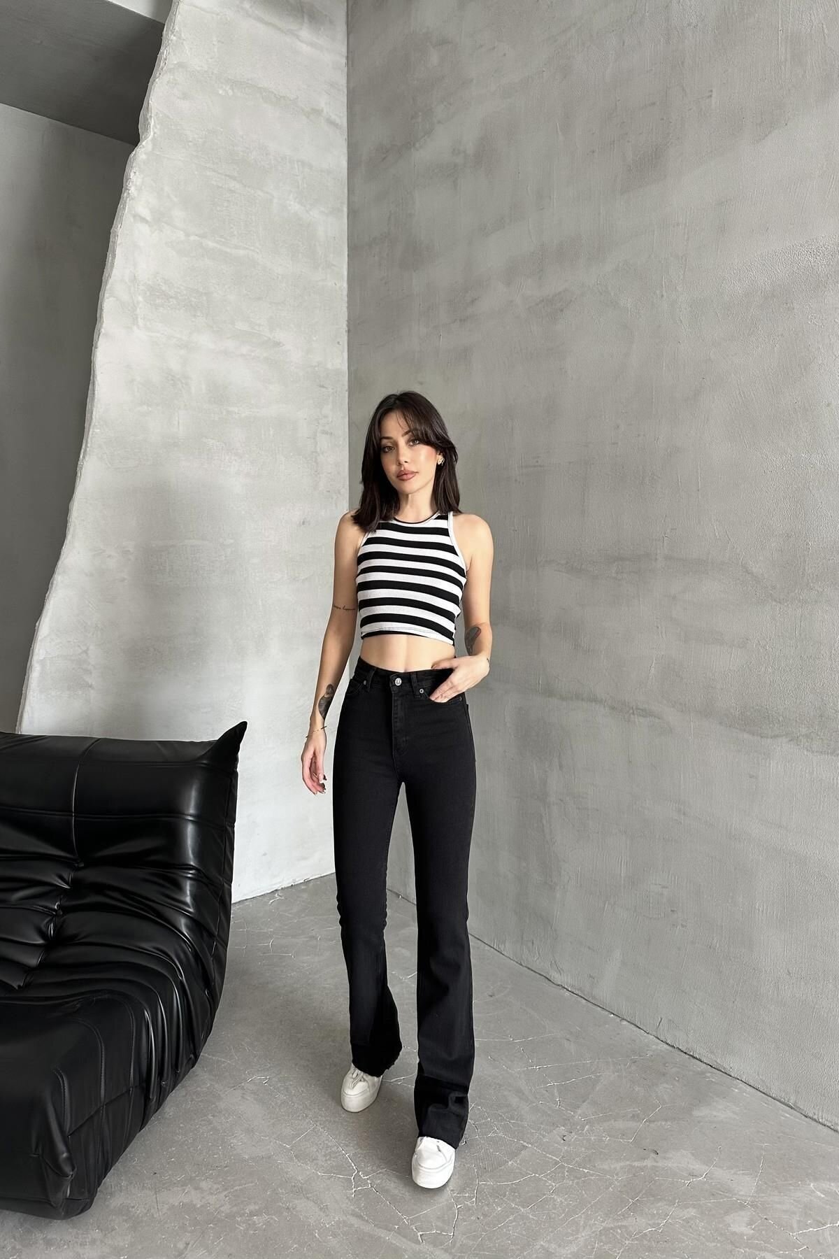Kadın Jeans Yüksek Bel Esnek Bol İspanyol Paça Siyah Kot Pantolon