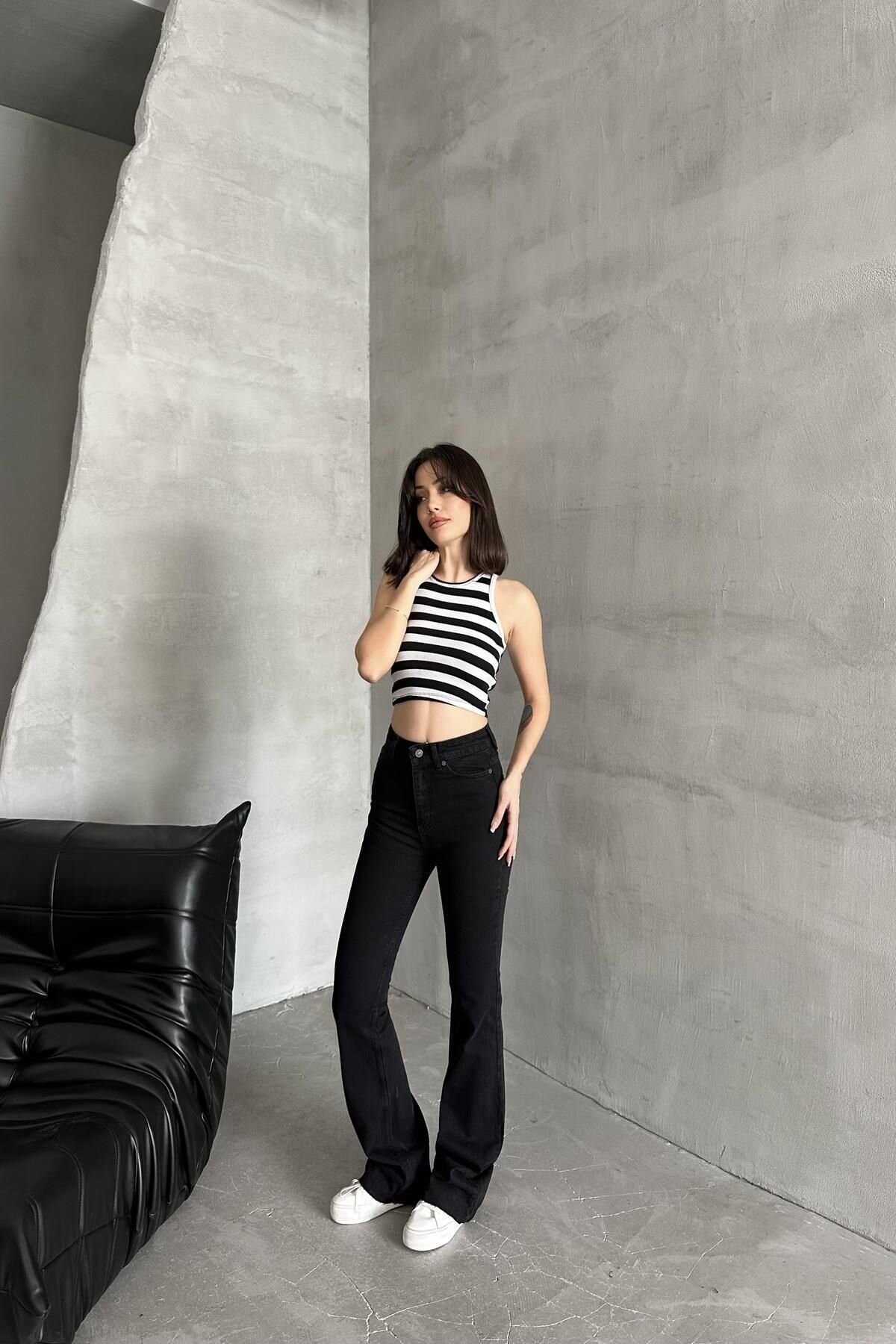 Kadın Jeans Yüksek Bel Esnek Bol İspanyol Paça Siyah Kot Pantolon