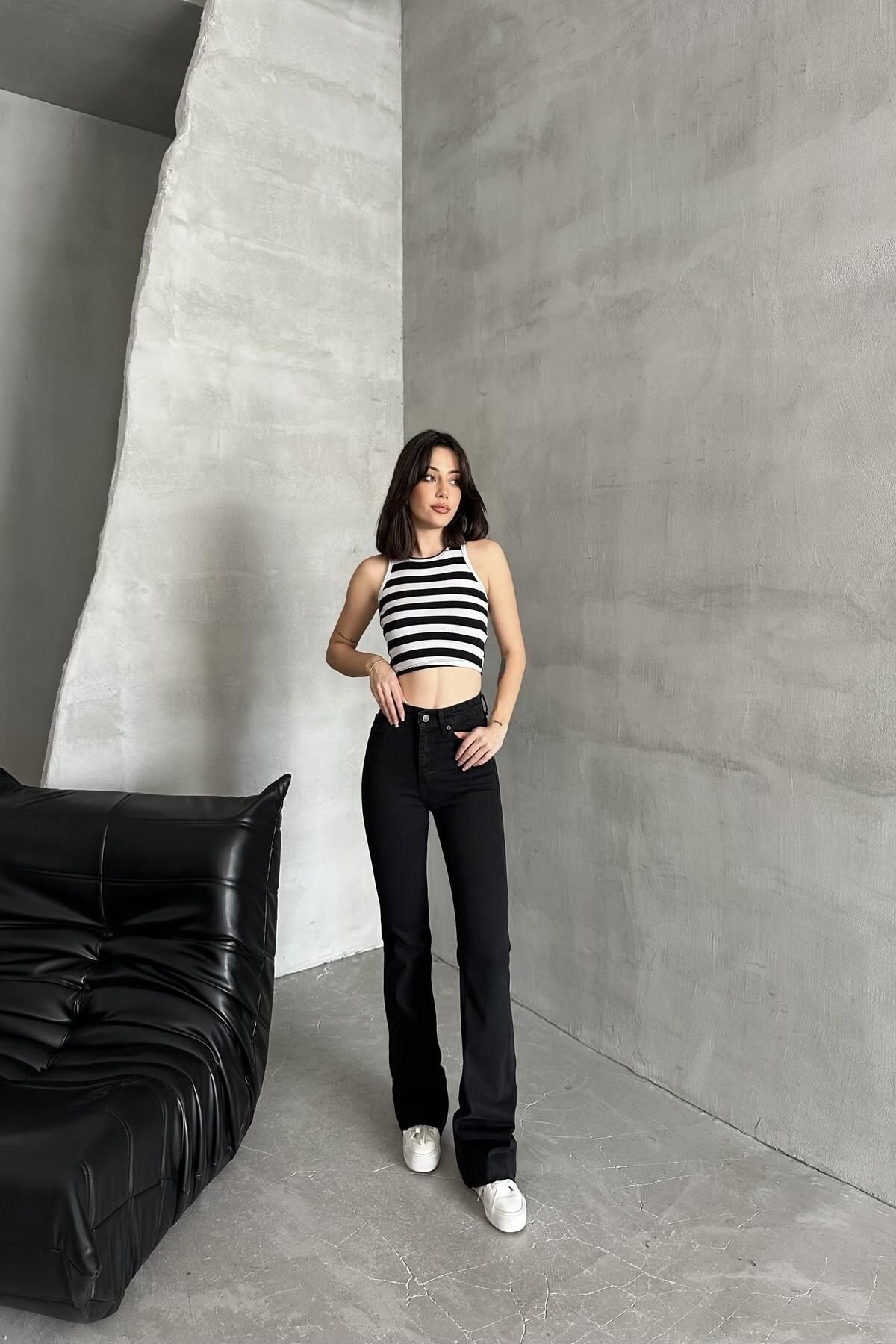 Kadın Jeans Yüksek Bel Esnek Bol İspanyol Paça Siyah Kot Pantolon