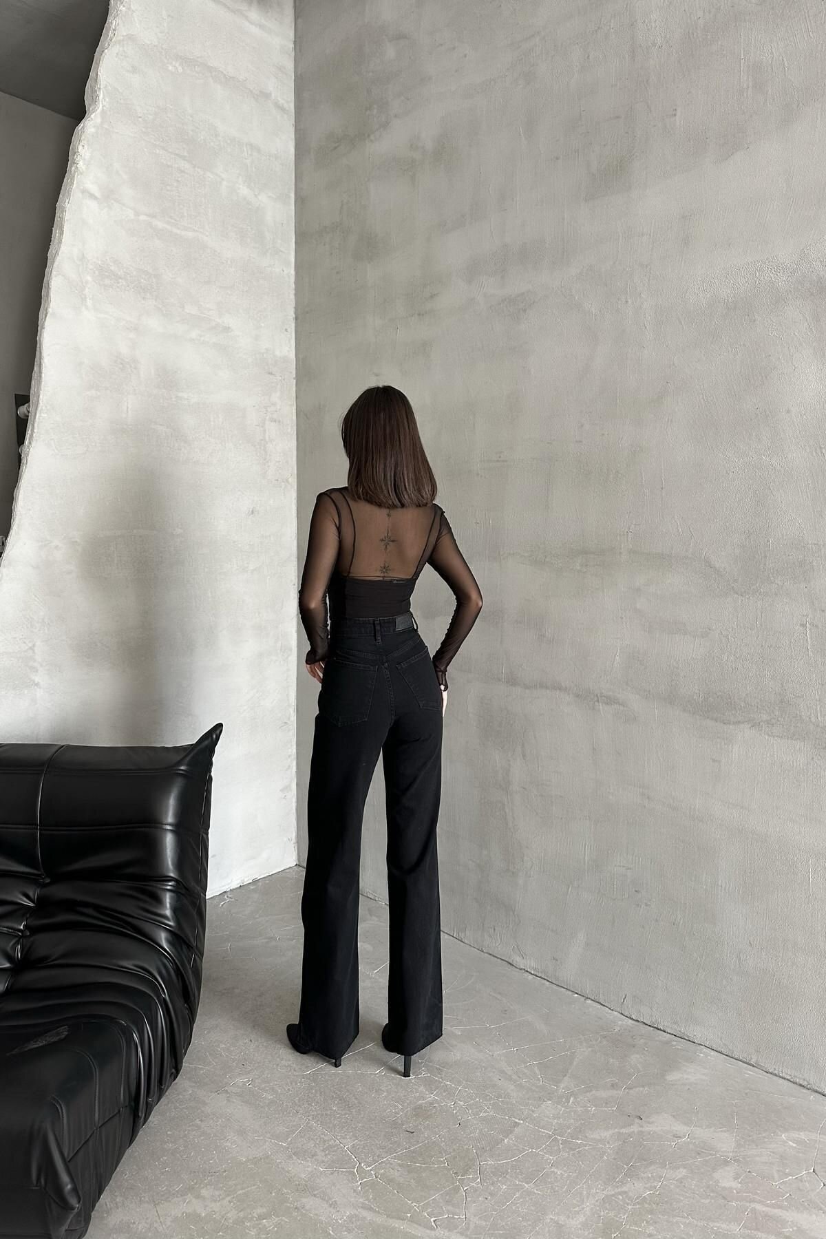 Kadın Jeans Yüksek Bel Etekli Bol Paça Siyah Kot Pantolon