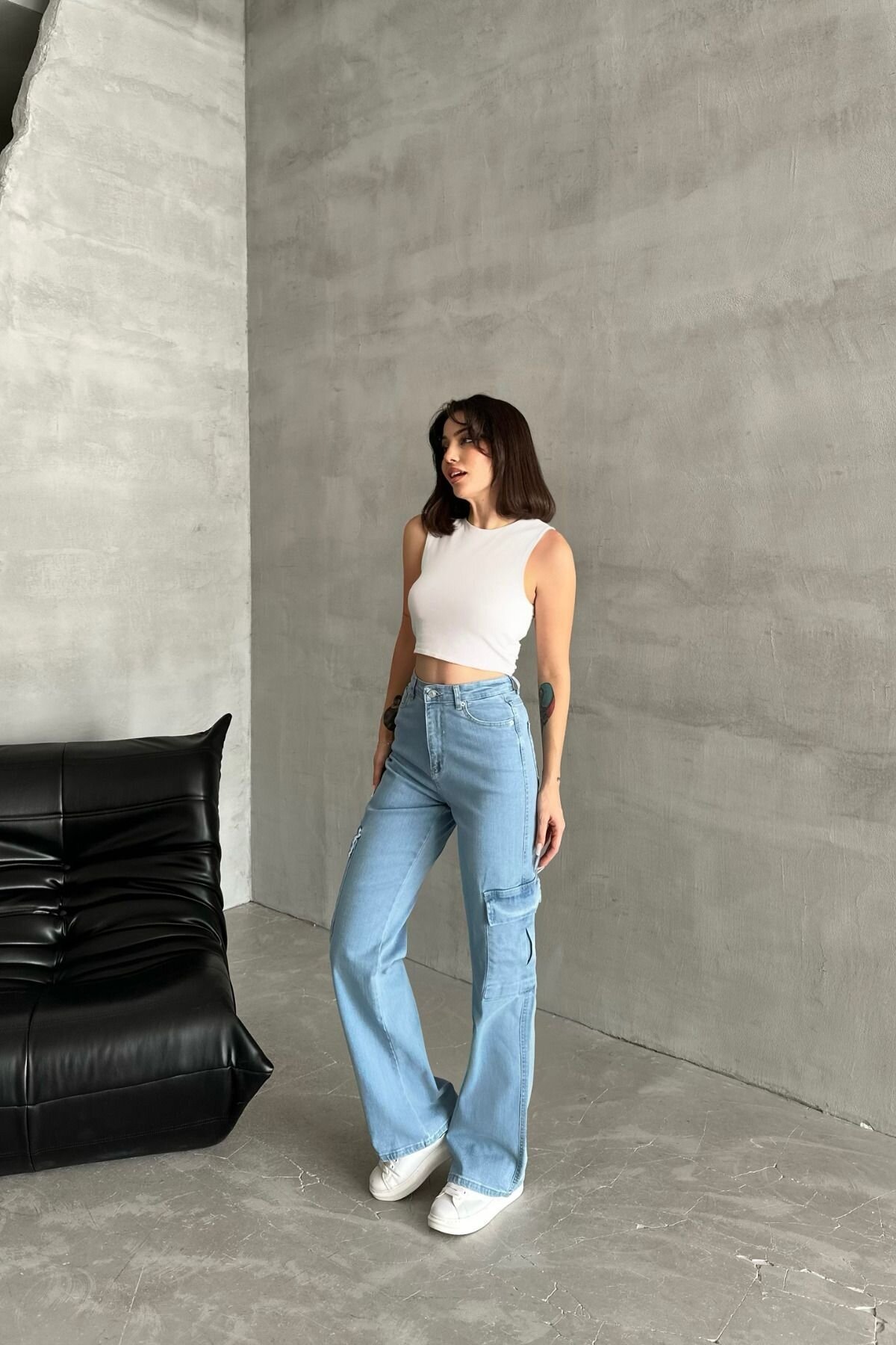 Kadın Jeans Yüksek Bel Palazzo Buz Mavi Kot Kargo Cepli Pantolon