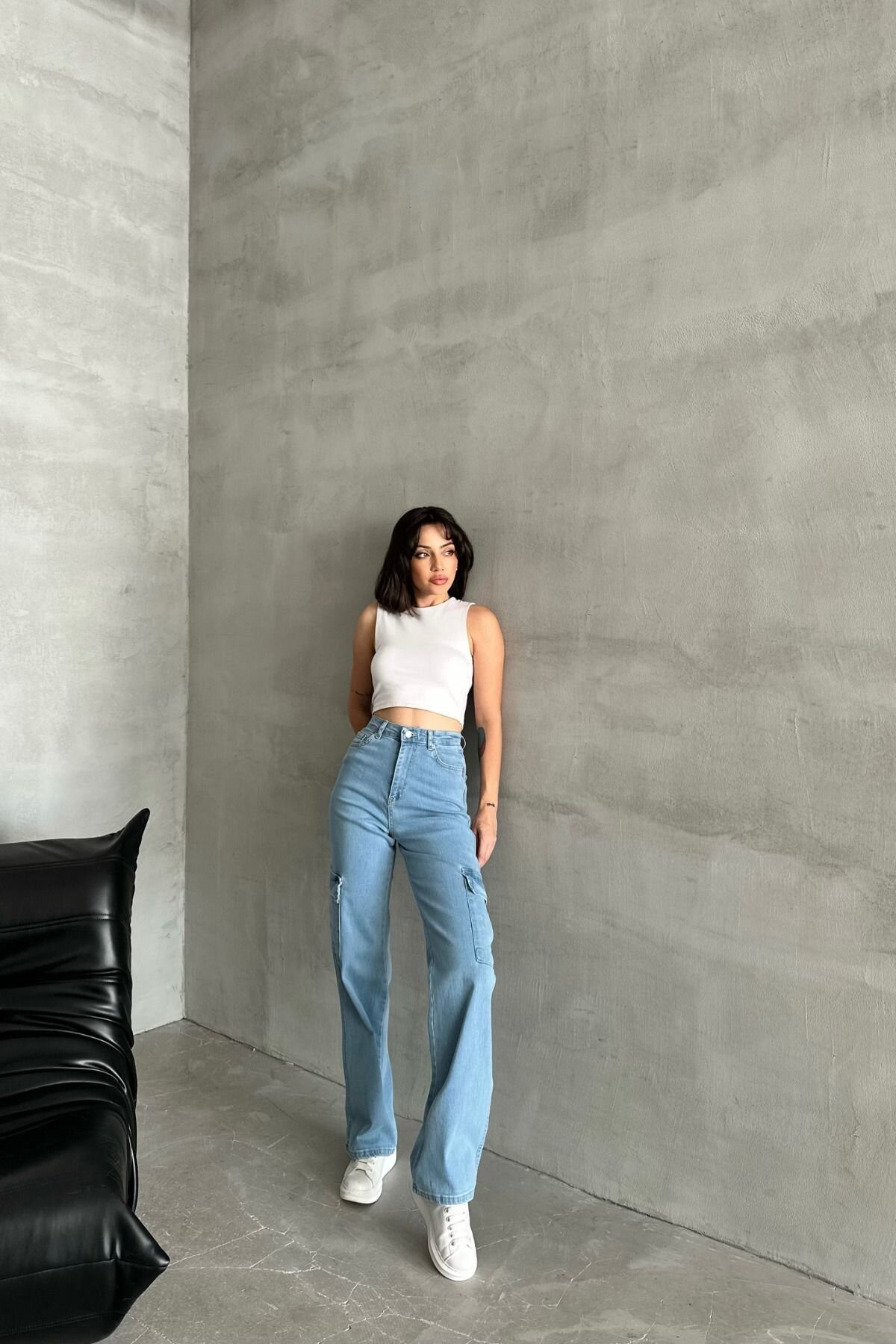 Kadın Jeans Yüksek Bel Palazzo Buz Mavi Kot Kargo Cepli Pantolon