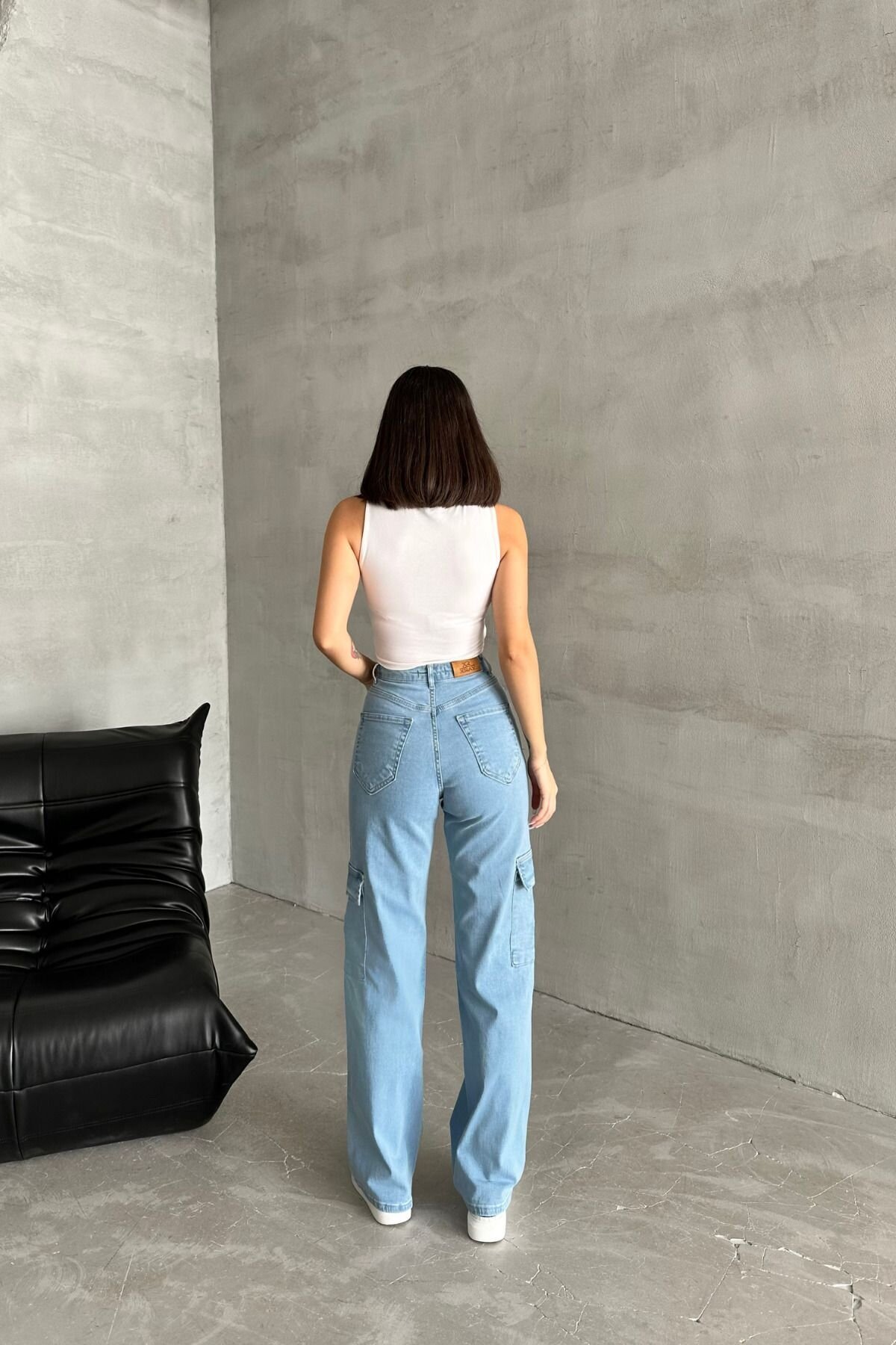 Kadın Jeans Yüksek Bel Palazzo Buz Mavi Kot Kargo Cepli Pantolon