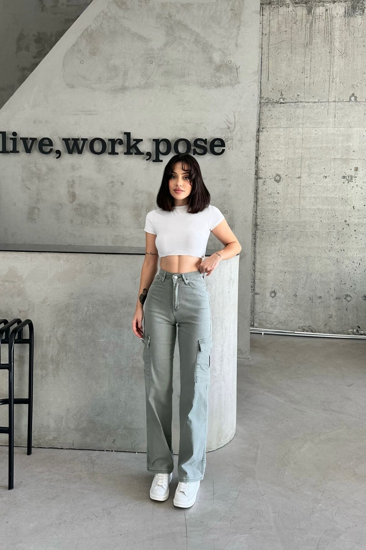 Kadın Jeans Yüksek Bel Palazzo Haki Kot Kargo Cepli Pantolon