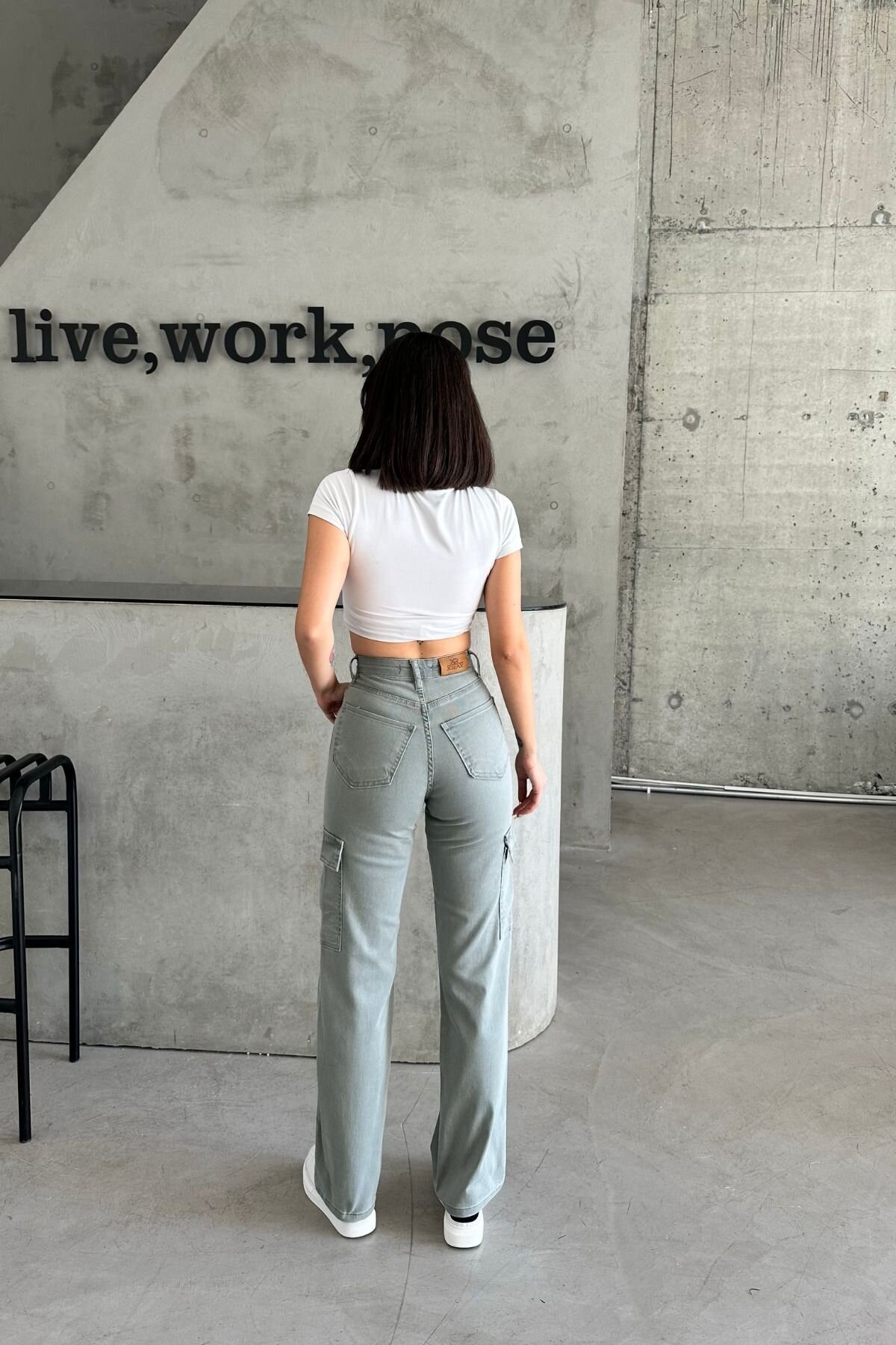 Kadın Jeans Yüksek Bel Palazzo Haki Kot Kargo Cepli Pantolon