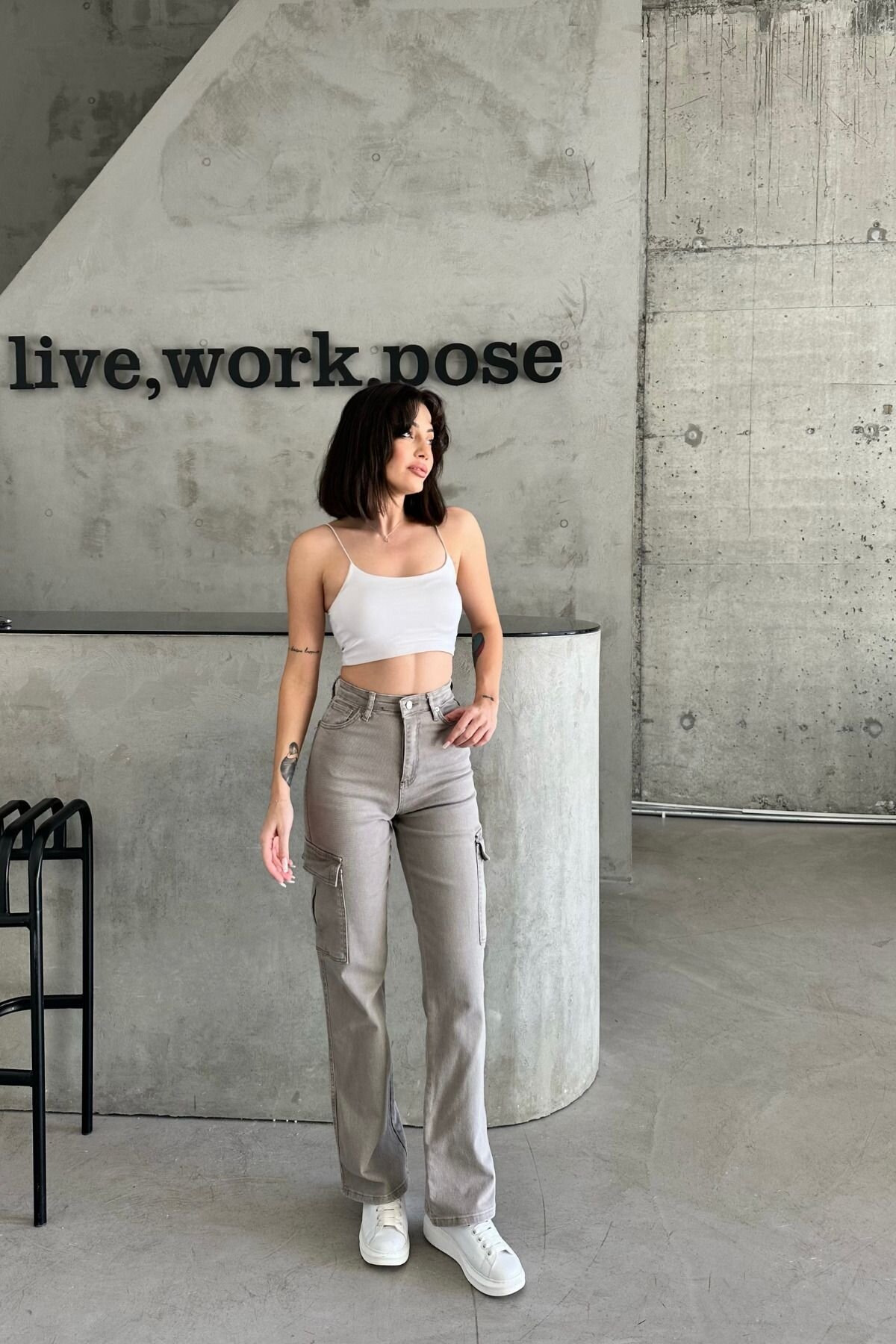 Kadın Jeans Yüksek Bel Palazzo Kahverengi Kot Kargo Cepli Pantolon