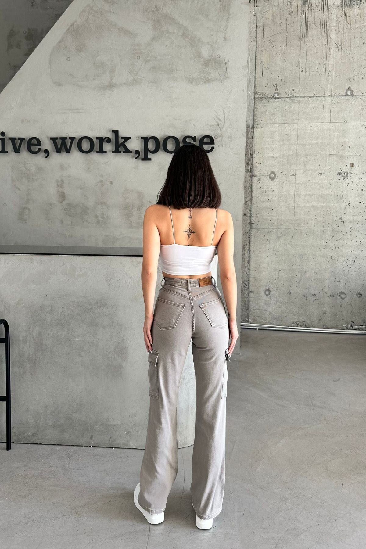 Kadın Jeans Yüksek Bel Palazzo Kahverengi Kot Kargo Cepli Pantolon