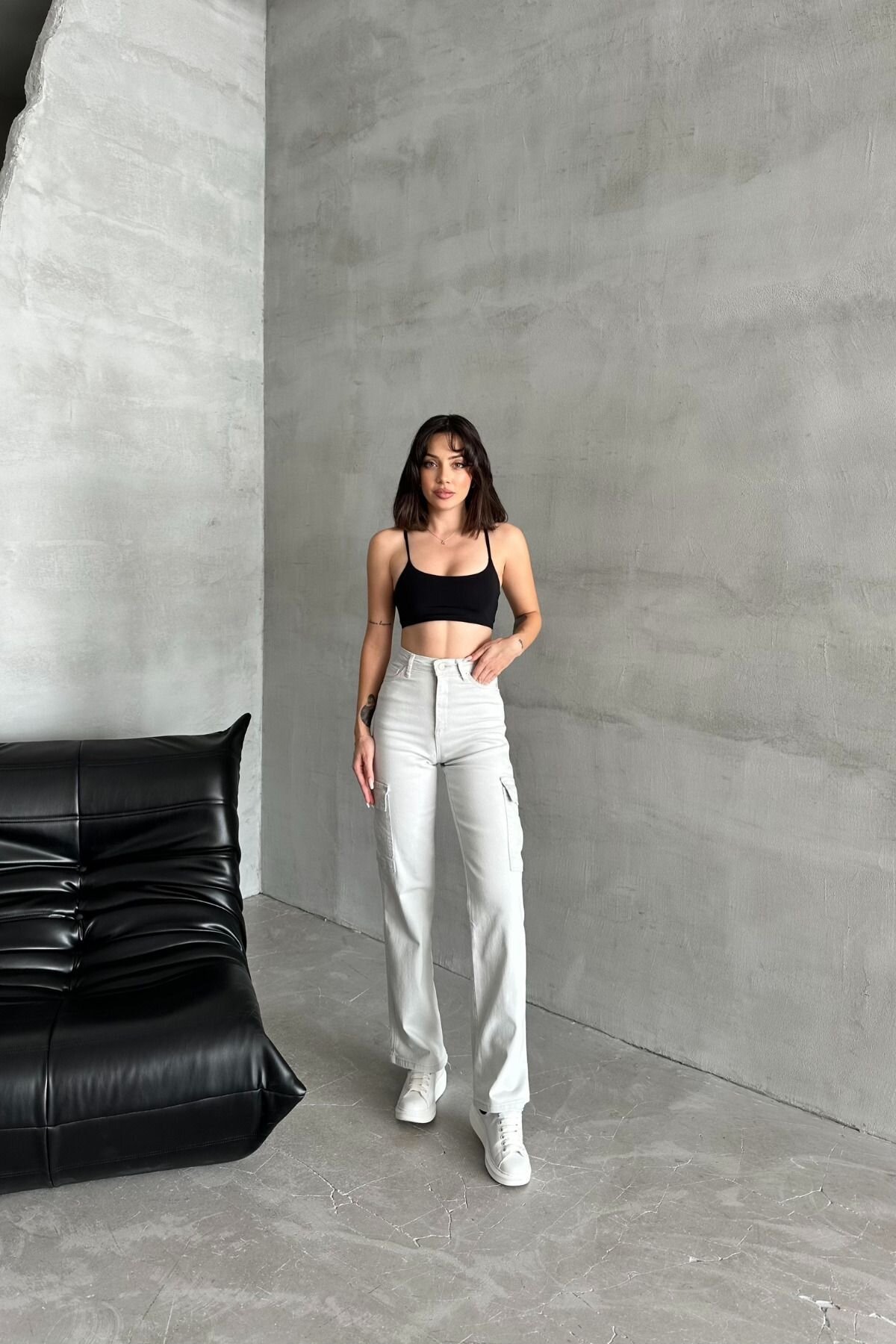 Kadın Jeans Yüksek Bel Palazzo Taş Kot Kargo Cepli Pantolon