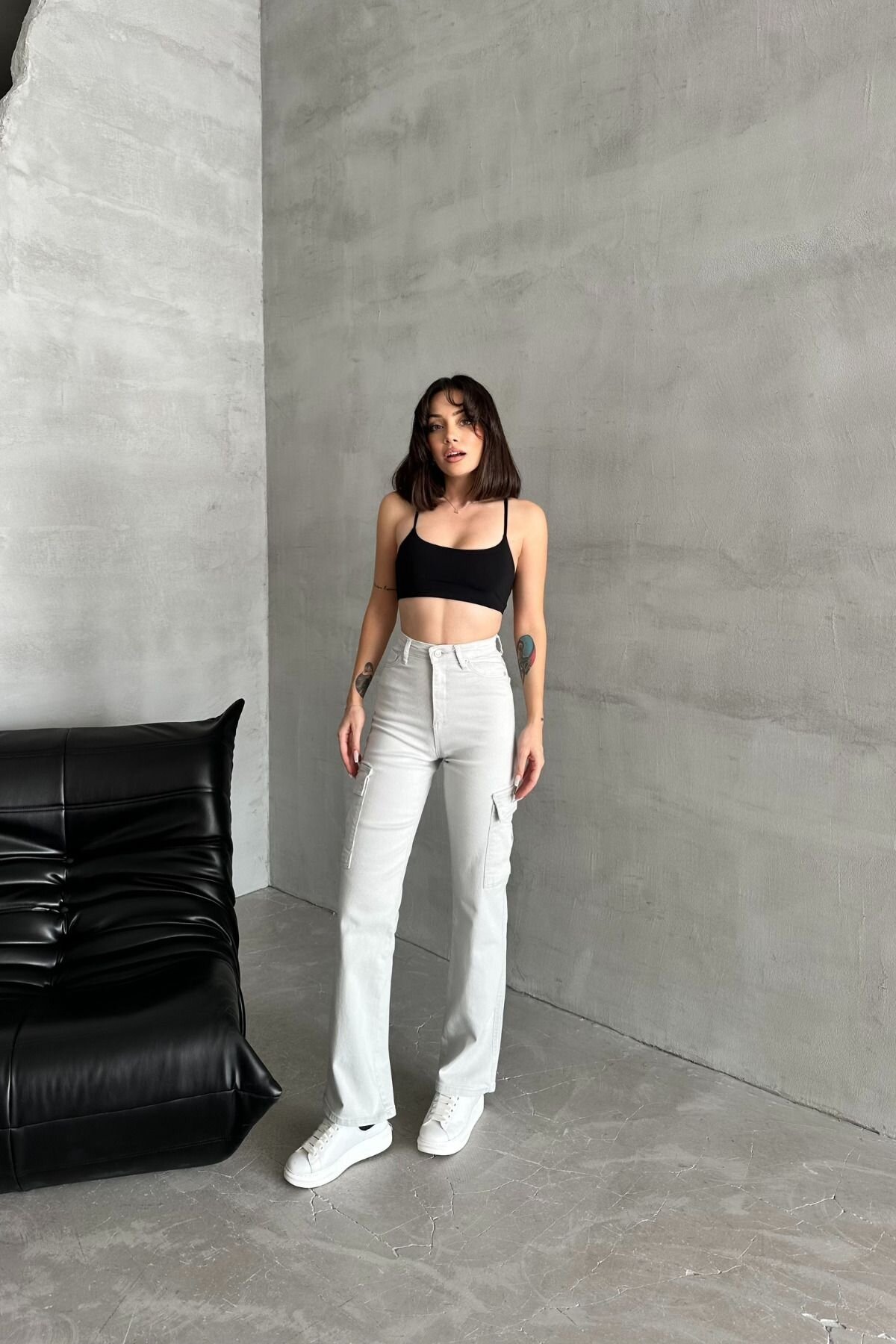 Kadın Jeans Yüksek Bel Palazzo Taş Kot Kargo Cepli Pantolon