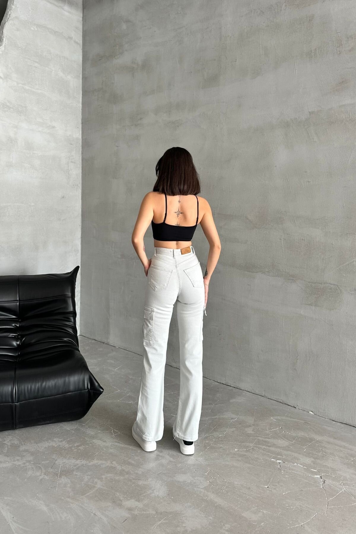 Kadın Jeans Yüksek Bel Palazzo Taş Kot Kargo Cepli Pantolon