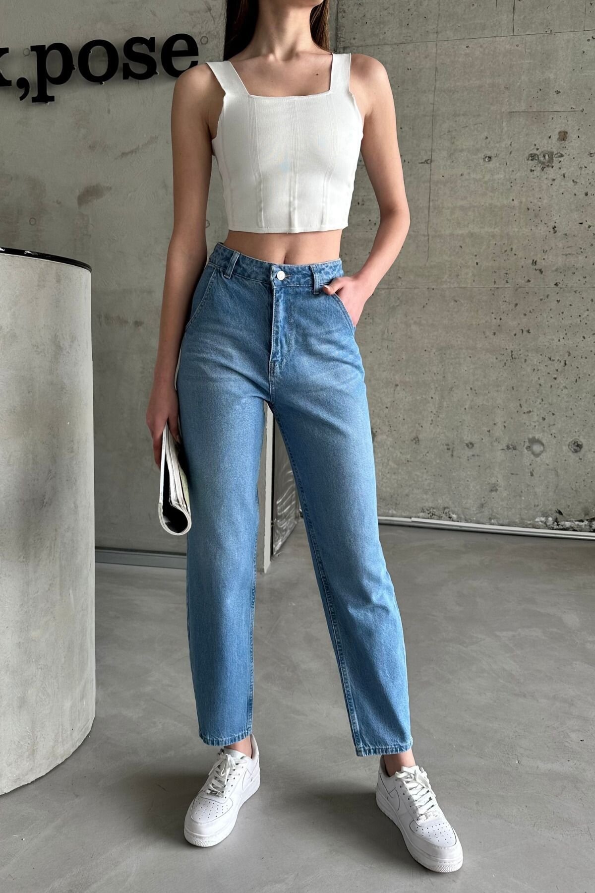Kadın JeansCharm Yüksek Bel Bol Paça Baggy Açık Mavi Kot Pantolon