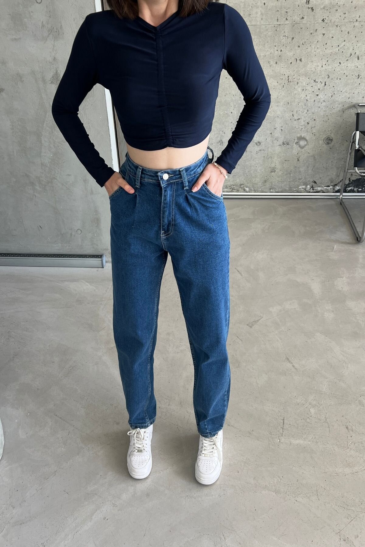 Kadın JeansDream Yüksek Bel Bol Paça Baggy Mavi Kot Pantolon