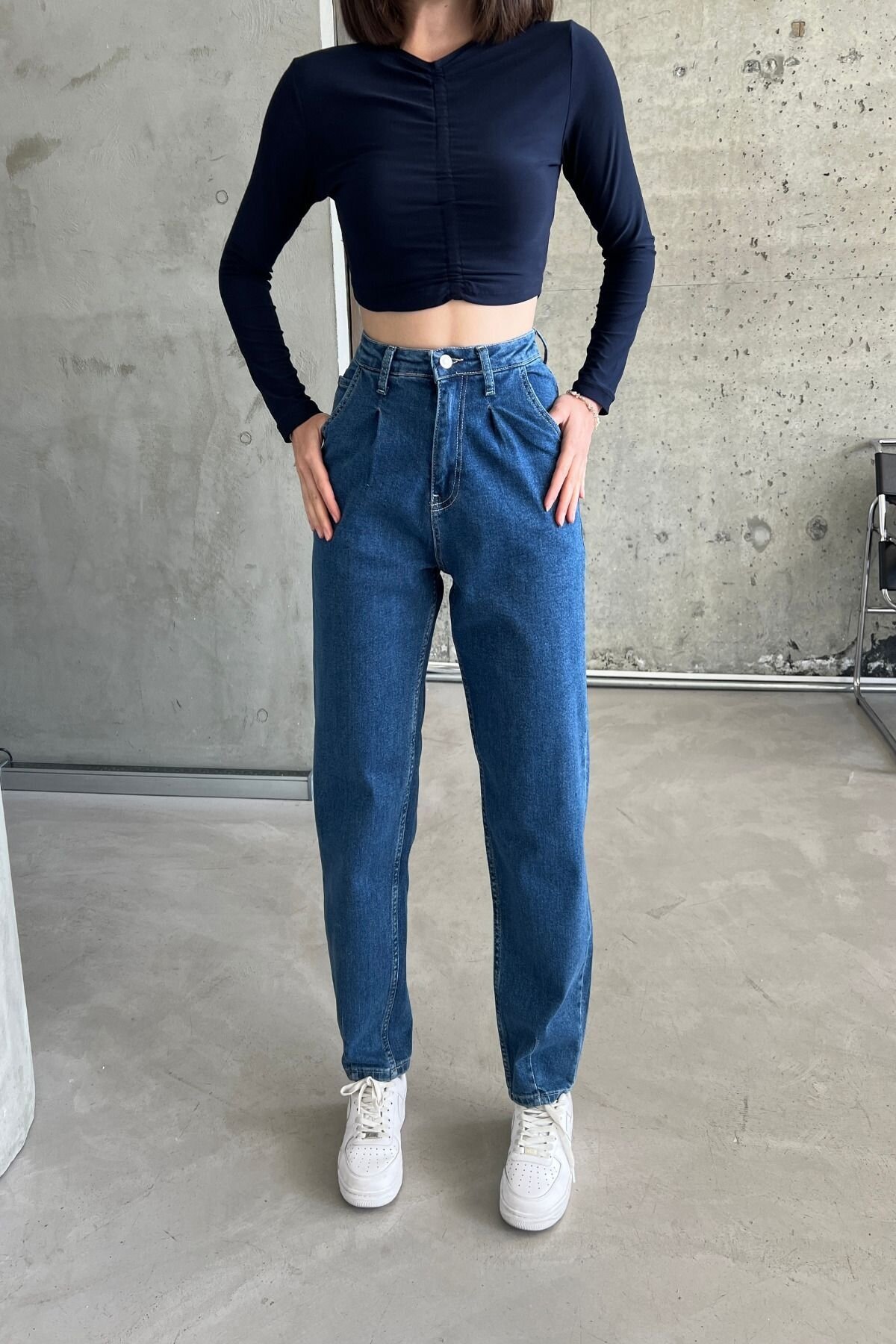 Kadın JeansDream Yüksek Bel Bol Paça Baggy Mavi Kot Pantolon