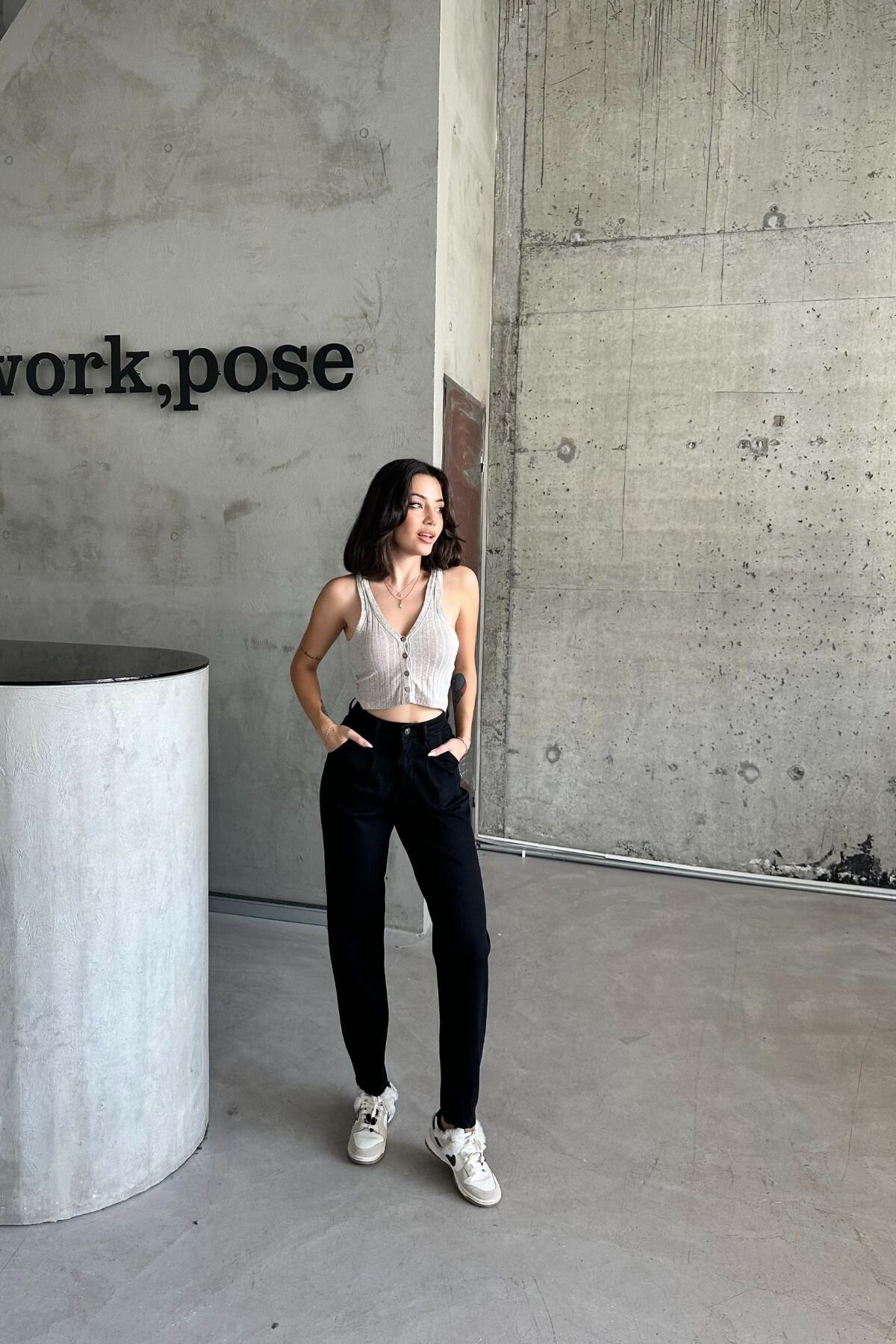 Kadın JeansDream Yüksek Bel Bol Paça Baggy Siyah Kot Pantolon