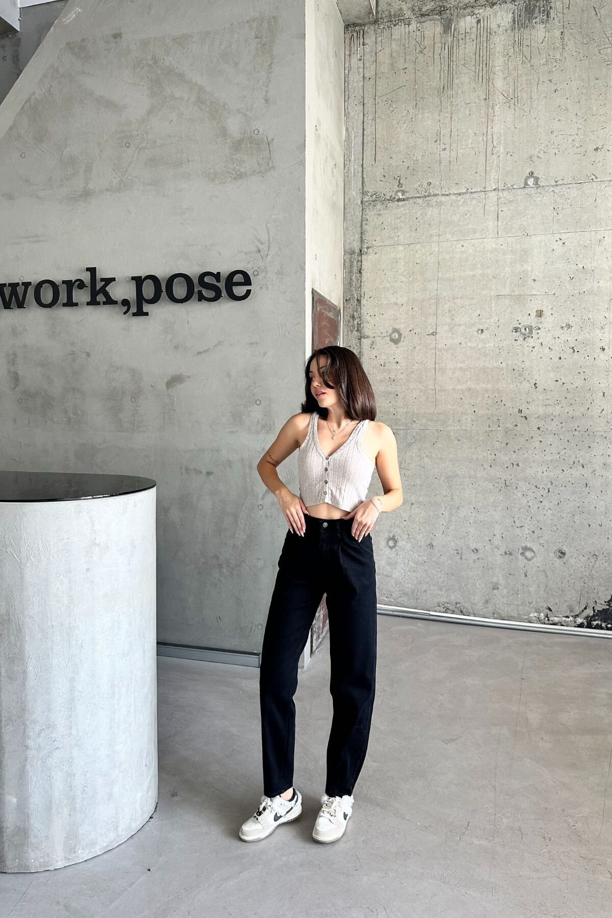 Kadın JeansDream Yüksek Bel Bol Paça Baggy Siyah Kot Pantolon