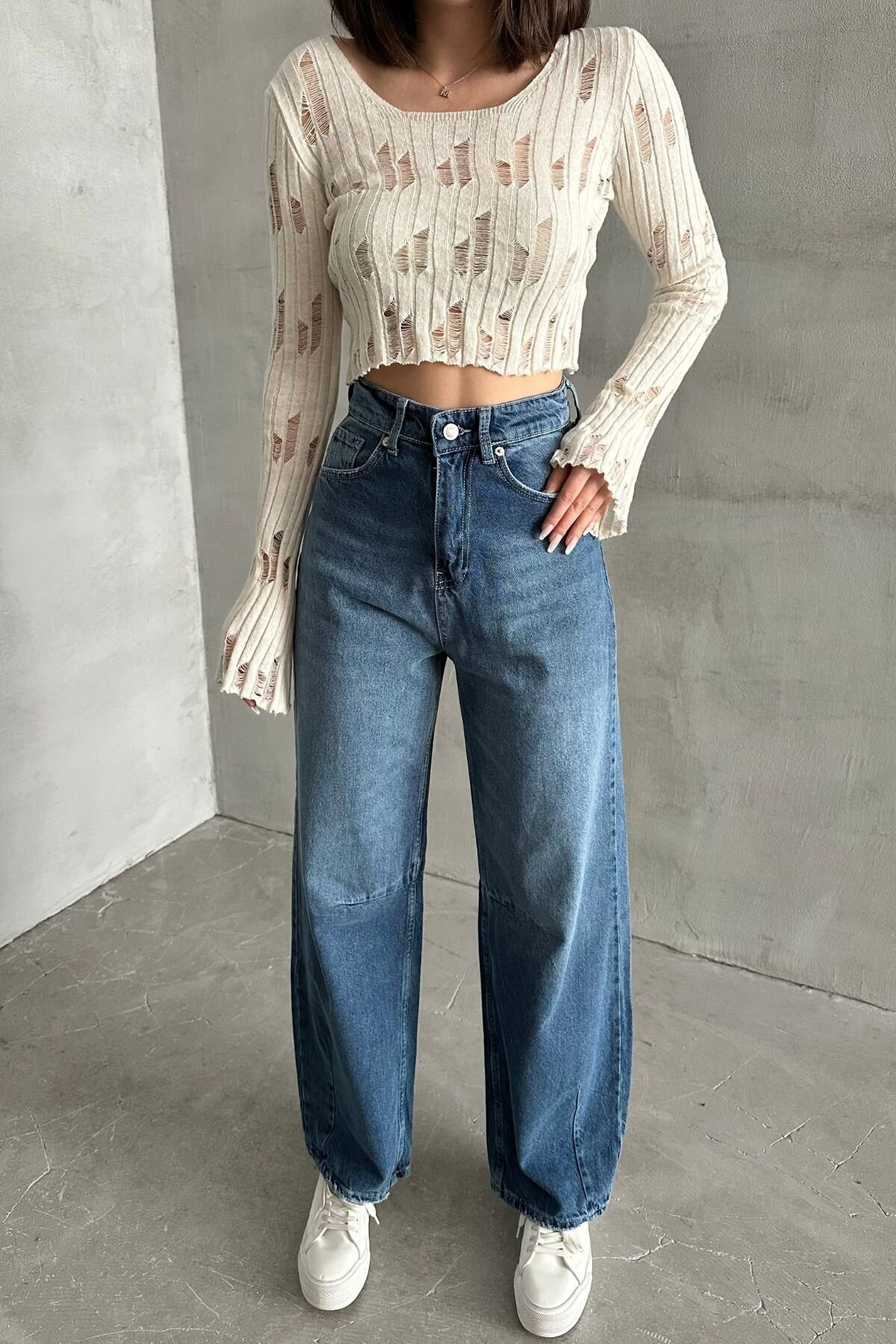 Kadın JeansMode Yüksek Bel Bol Paça Açık Mavi Baggy Kot Pantolon