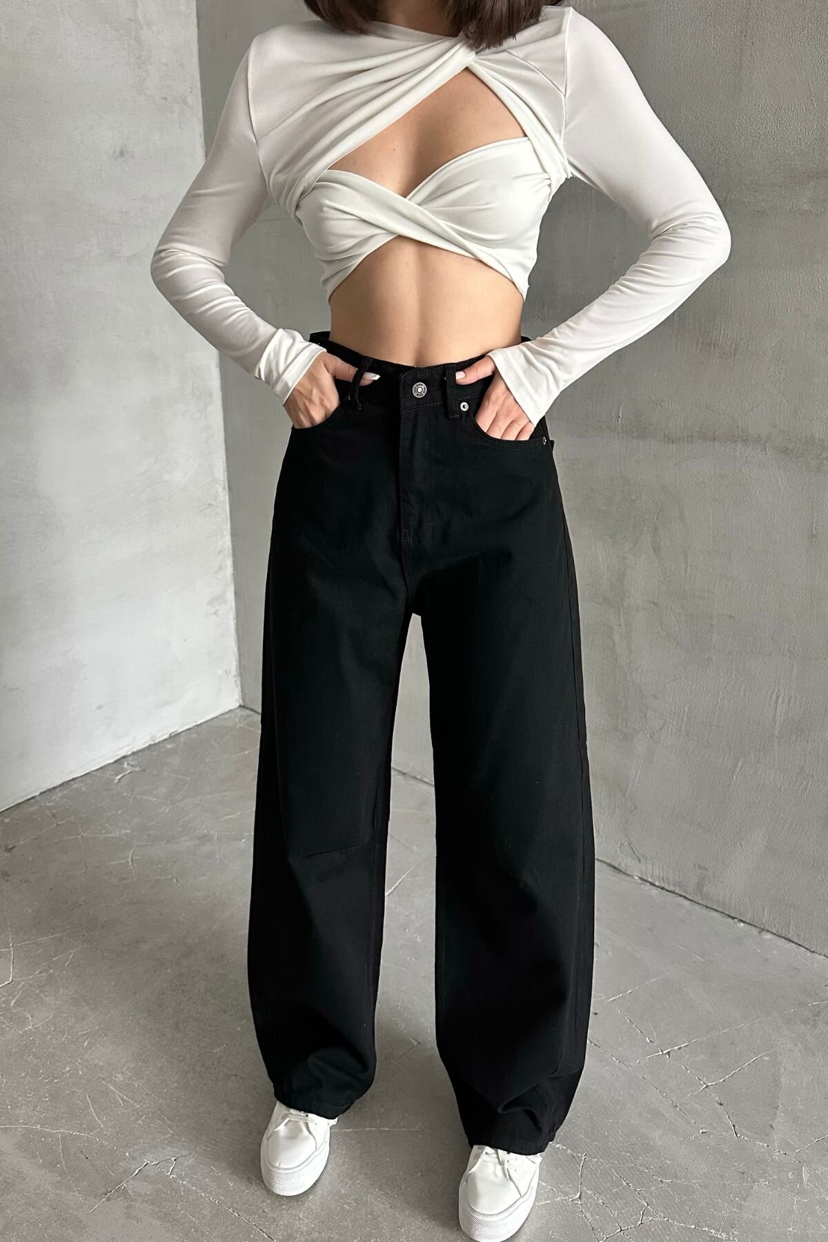 Kadın JeansMode Yüksek Bel Bol Paça Baggy Siyah Kot Pantolon