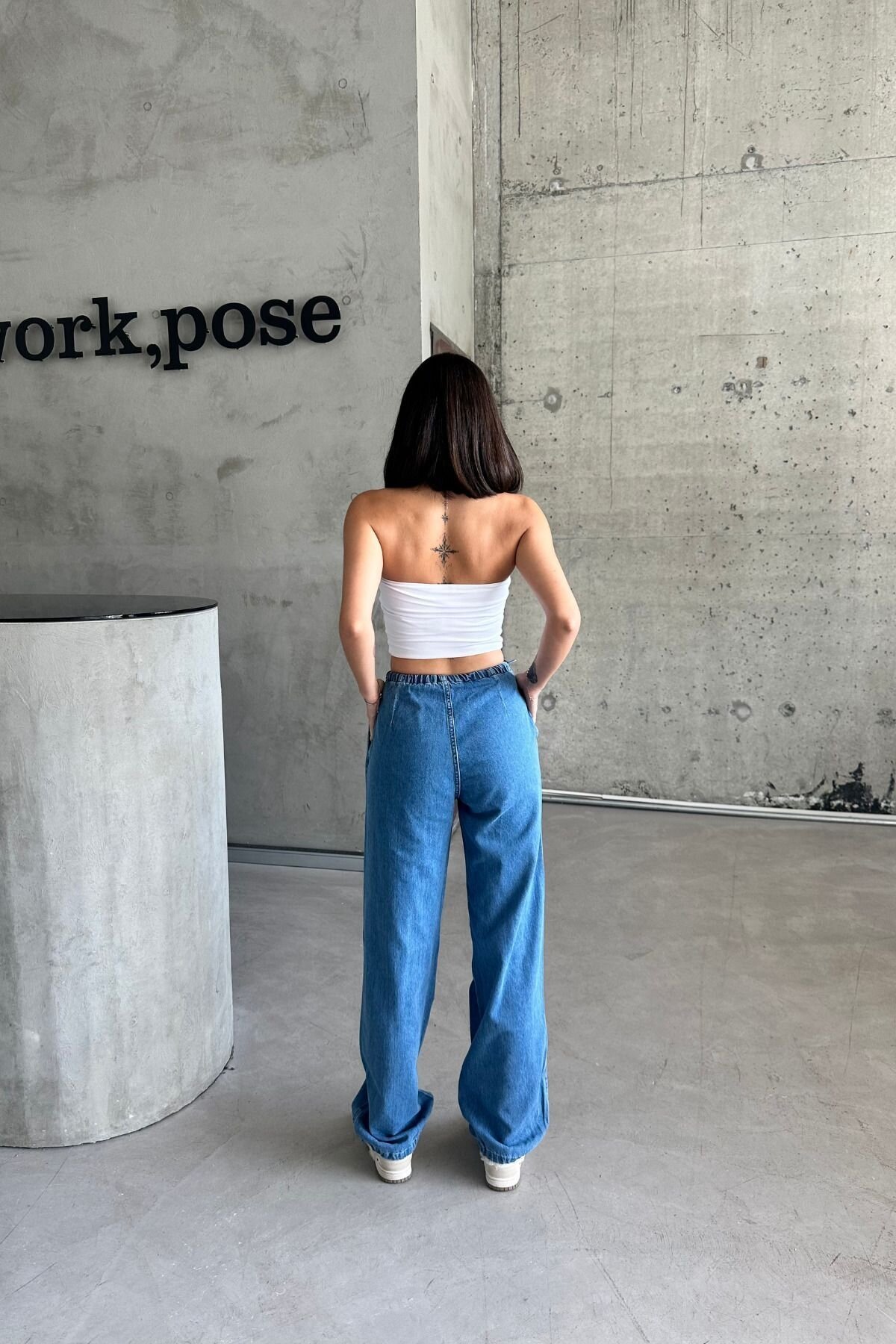 Kadın JeansMode Yüksek Bel Lastikli Mavi Baggy Kot Pantolon