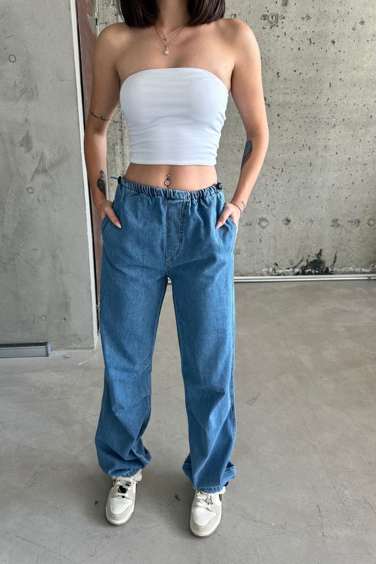 Kadın JeansMode Yüksek Bel Lastikli Mavi Baggy Kot Pantolon