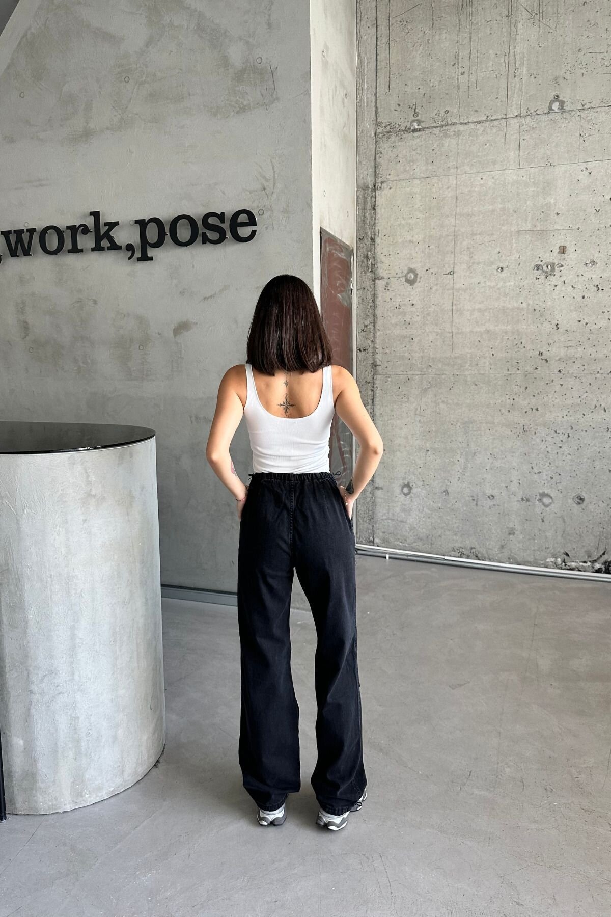 Kadın JeansMode Yüksek Bel Lastikli Siyah Baggy Kot Pantolon