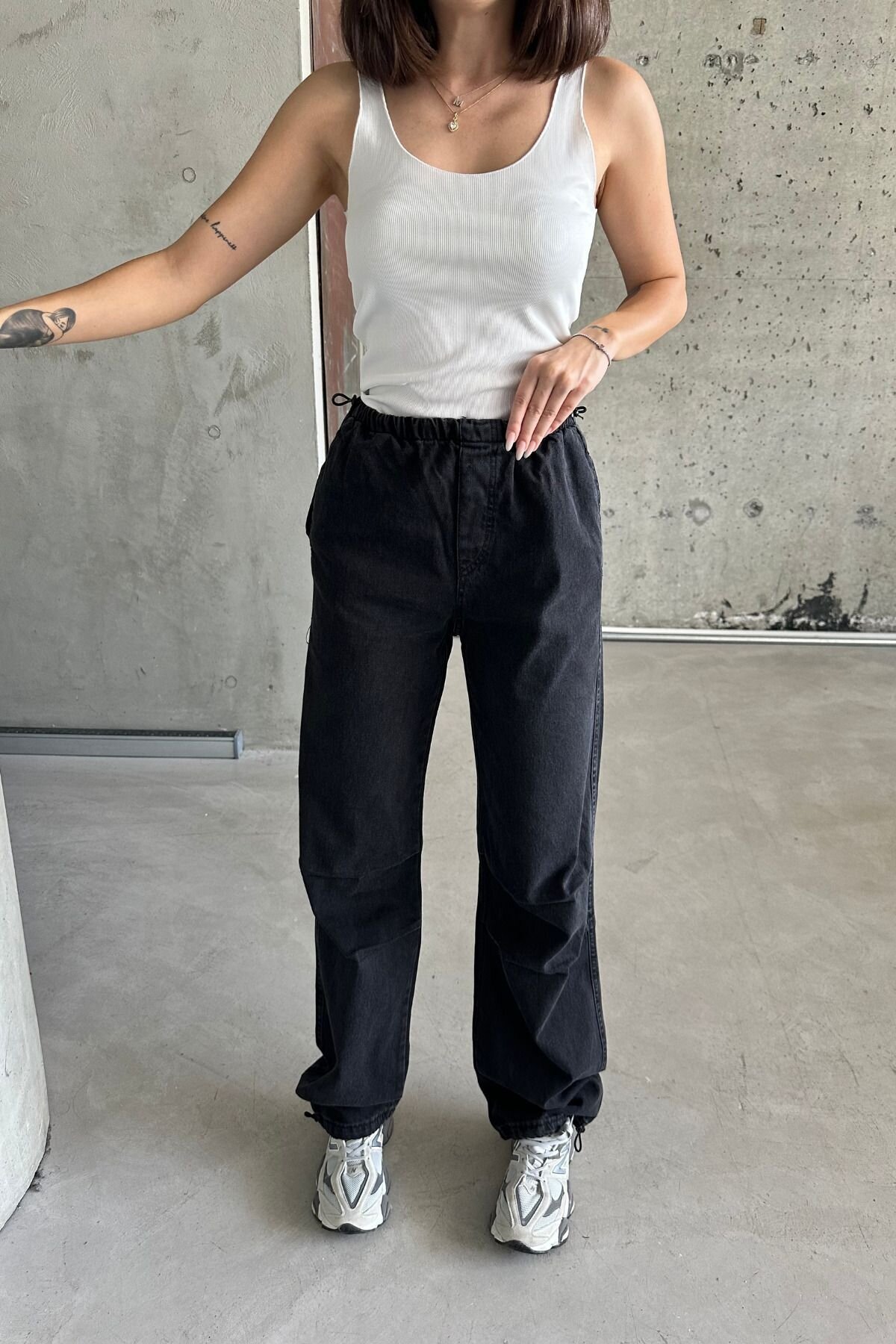 Kadın JeansMode Yüksek Bel Lastikli Siyah Baggy Kot Pantolon