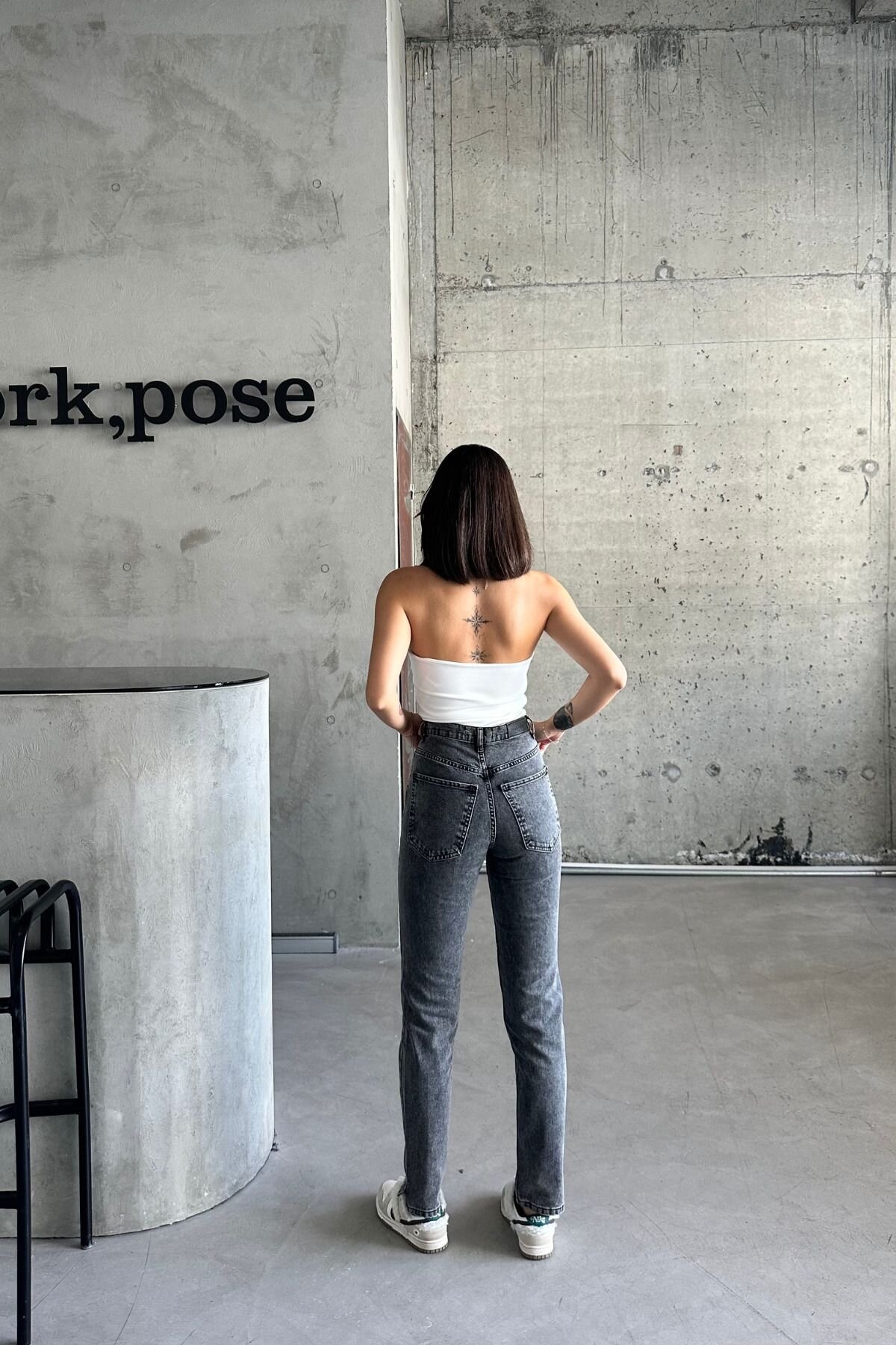 Kadın JeansStar Yüksek Bel Dar Paça Mom Fit Füme Kot Pantolon