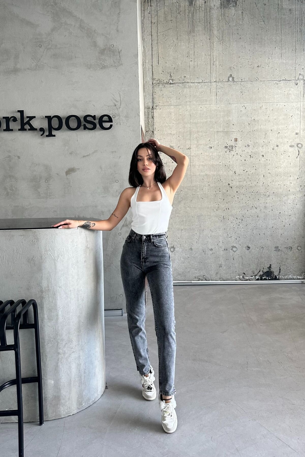 Kadın JeansStar Yüksek Bel Dar Paça Mom Fit Füme Kot Pantolon