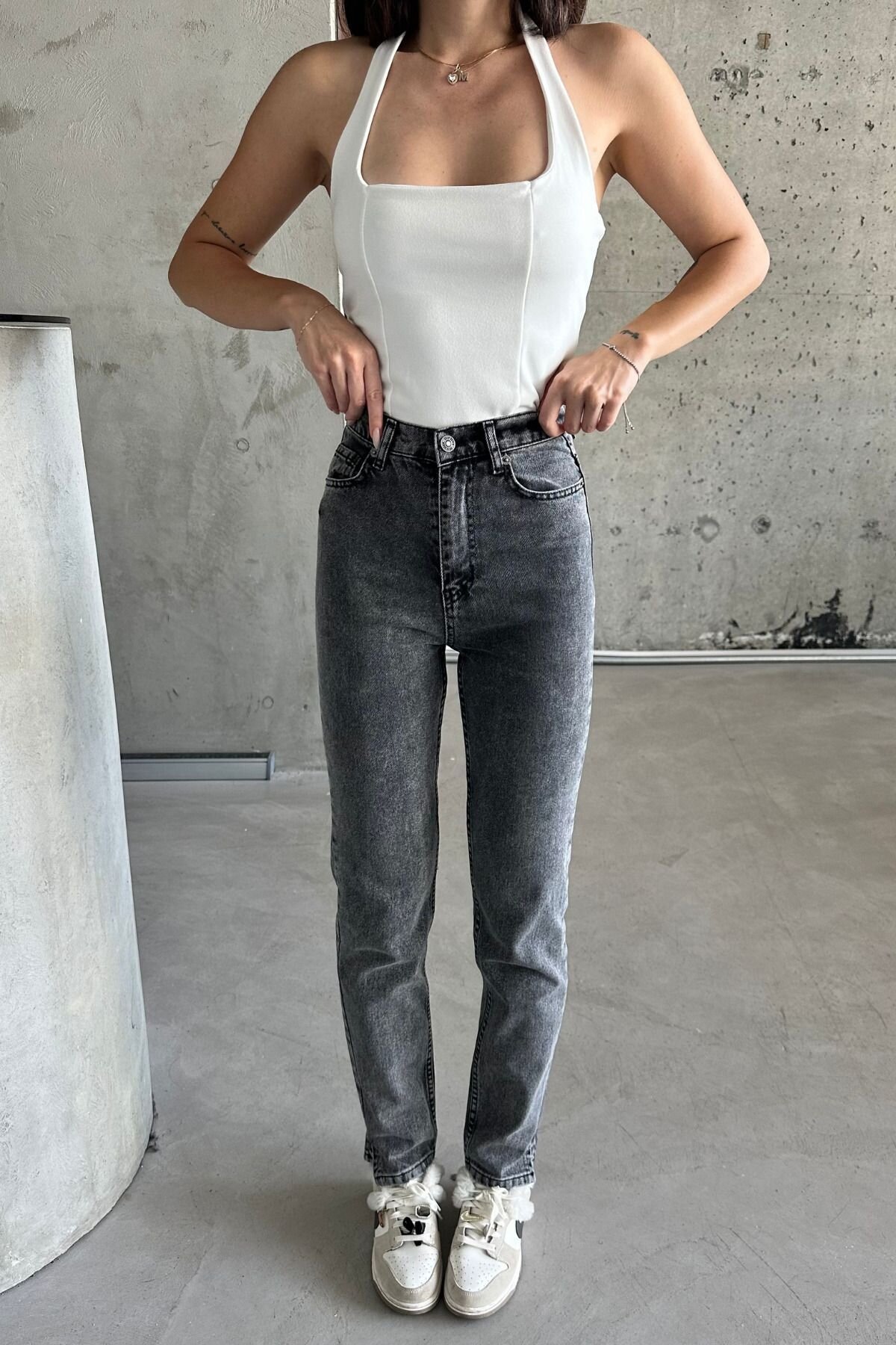 Kadın JeansStar Yüksek Bel Dar Paça Mom Fit Füme Kot Pantolon