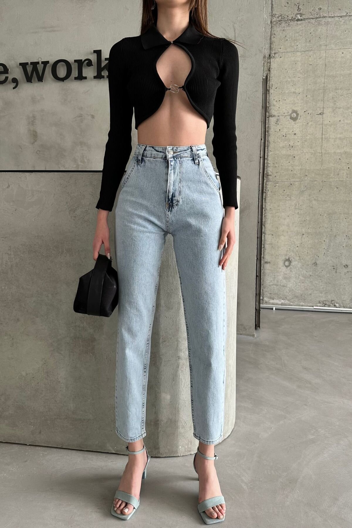 Kadın JeansUni Yüksek Bel Bol Paça Esnek Baggy Buz Mavi Kot Pantolon