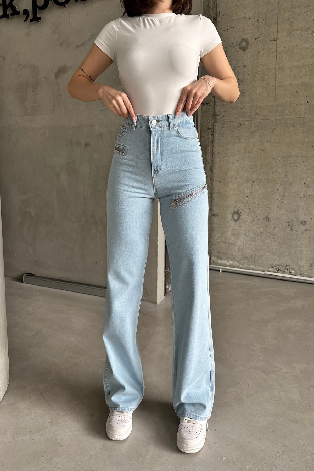 Kadın JeansVibe Bol Paça Yüksel Bel Palazzo Buz Mavi Kot Pantolon