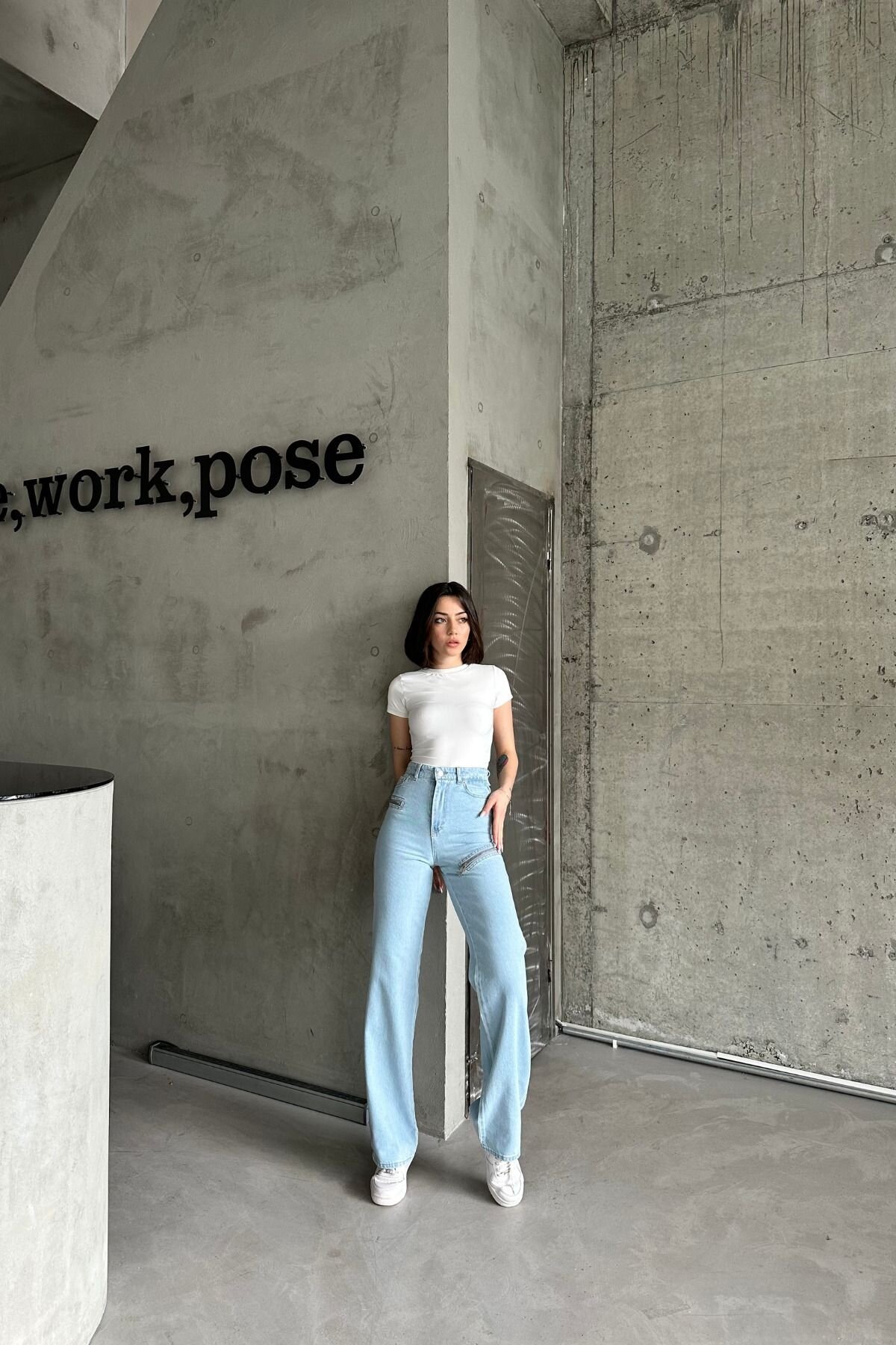 Kadın JeansVibe Bol Paça Yüksel Bel Palazzo Buz Mavi Kot Pantolon