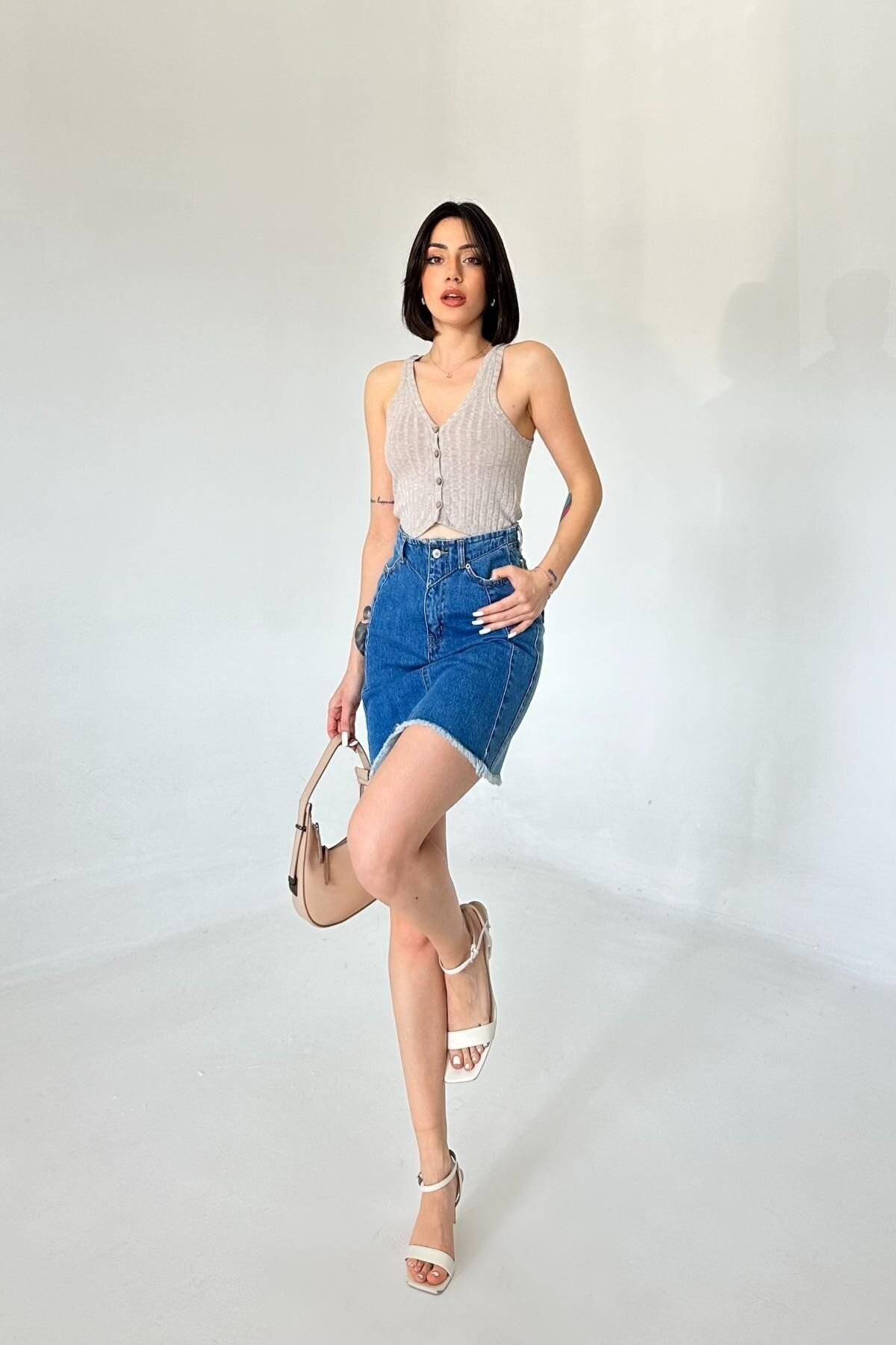 Kadın JeansVibe Cepli Düğmeli Pamuklu Mavi Kot Mini Etek